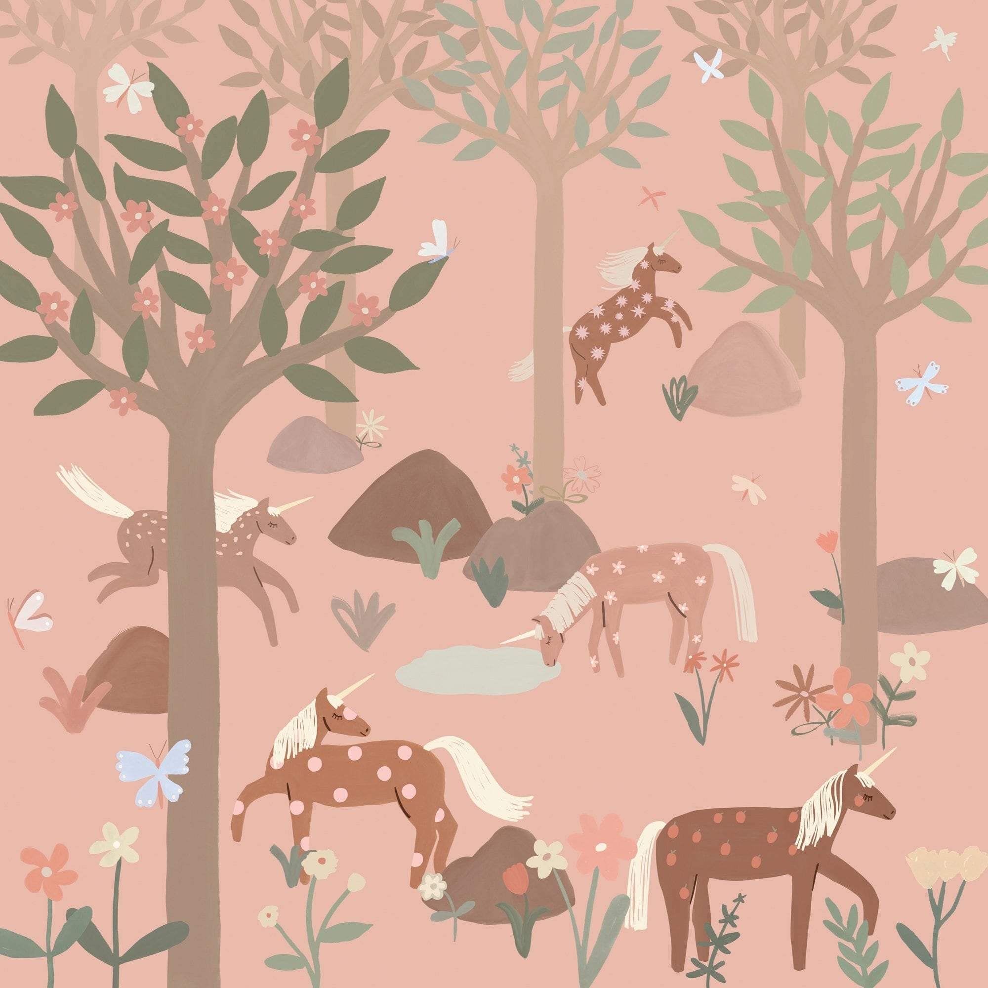 Galerie Wallcoverings Day Dreamers Collection Pink Unicorn 118.1 Inches Wide X 9.3 Feet High 6 Panel Wall Mural