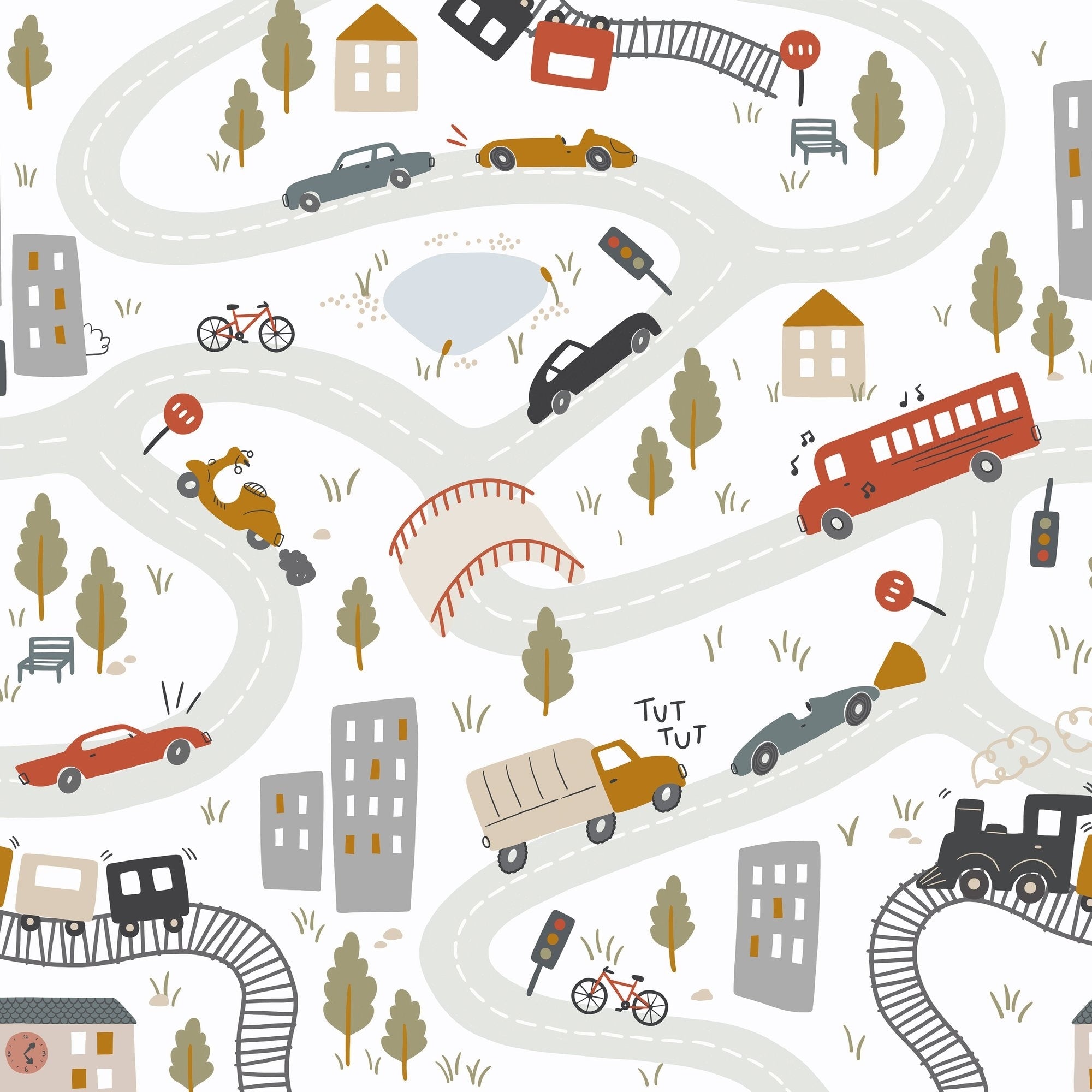 Galerie Wallcoverings Day Dreamers Multi Colored Kids Driving Cars 118.1 Inches Wide X 9.3 Feet High 6 Panel Wall Mural
