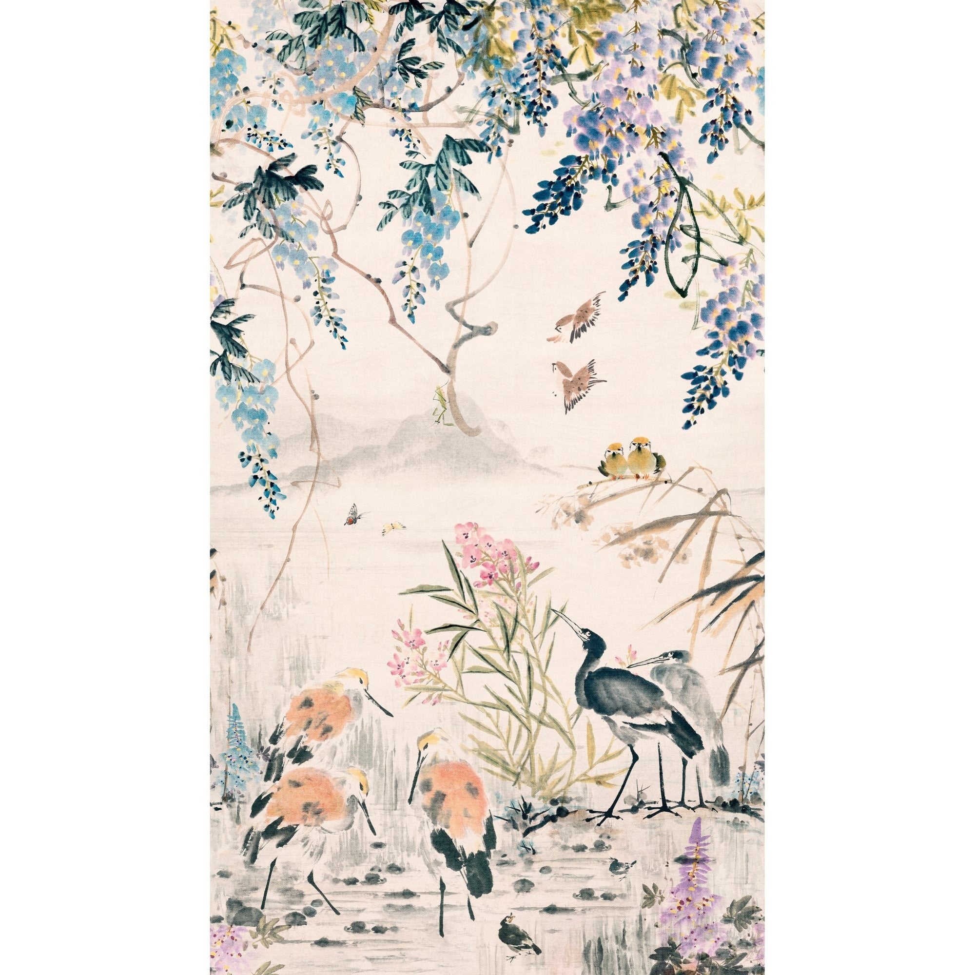 Galerie Wallcoverings Orom Ii Collection Blue Leaf And Bird 62.5 Inches Wide X 9.18 Feet High 3 Panel Wall Mural