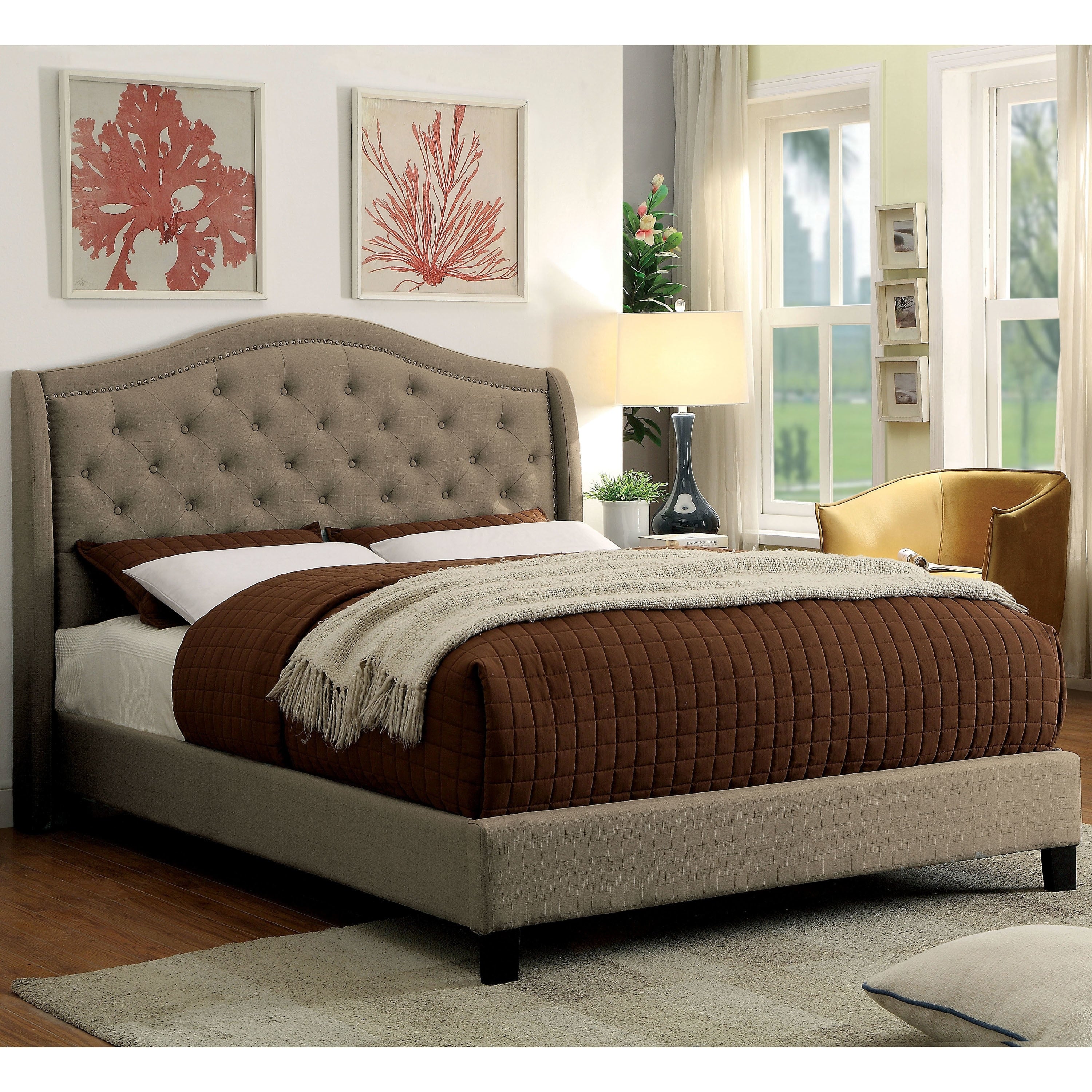 Galvin Transitional Warm Grey Camelback Tufted Platform Bed By Foa