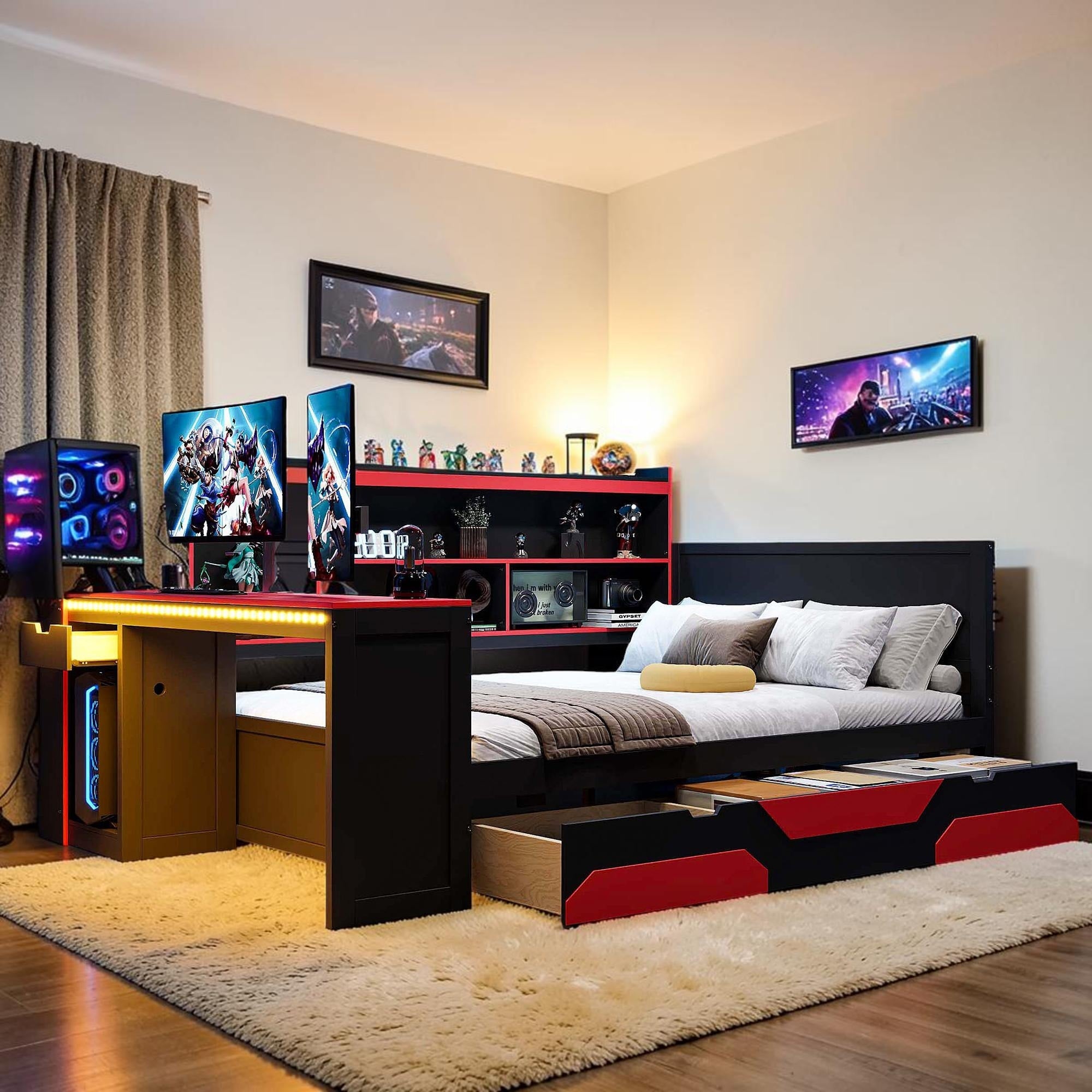 Gaming Daybed With Desk And Led Lights Wooden Bed Frame With Storage Drawers Charging Station Bookcase Headboard
