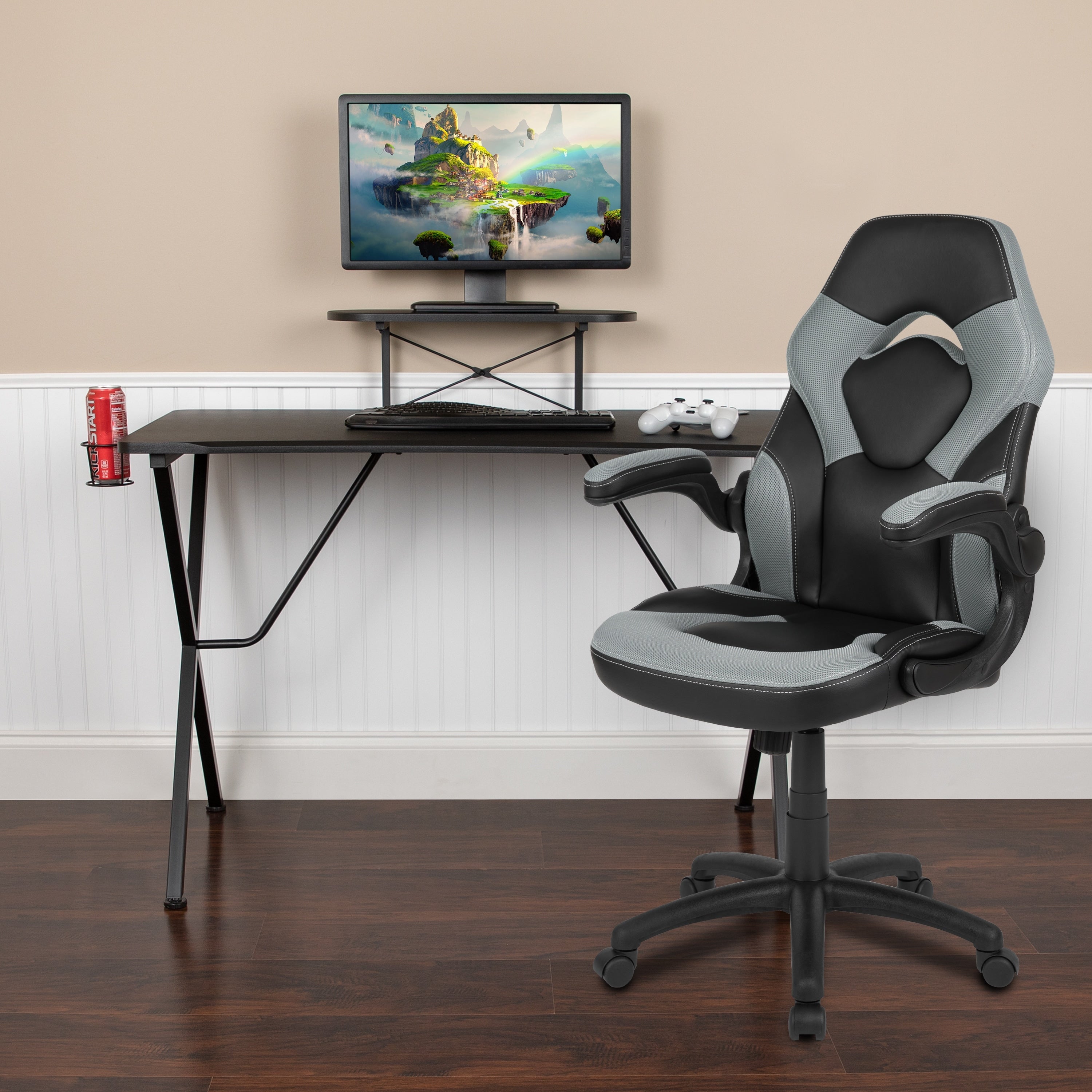 Gaming Desk Chair Set With Cup Holder Headphone Hook And Monitor Stand