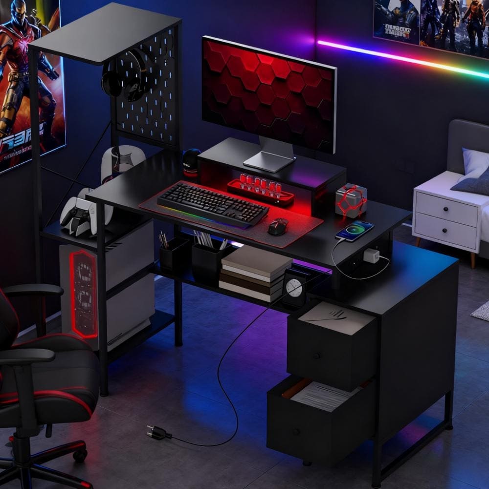 Gaming Desk With Storage And Led Lights Computer Desk With Power Outlets Usb C And Monitor Shelf For Home Office