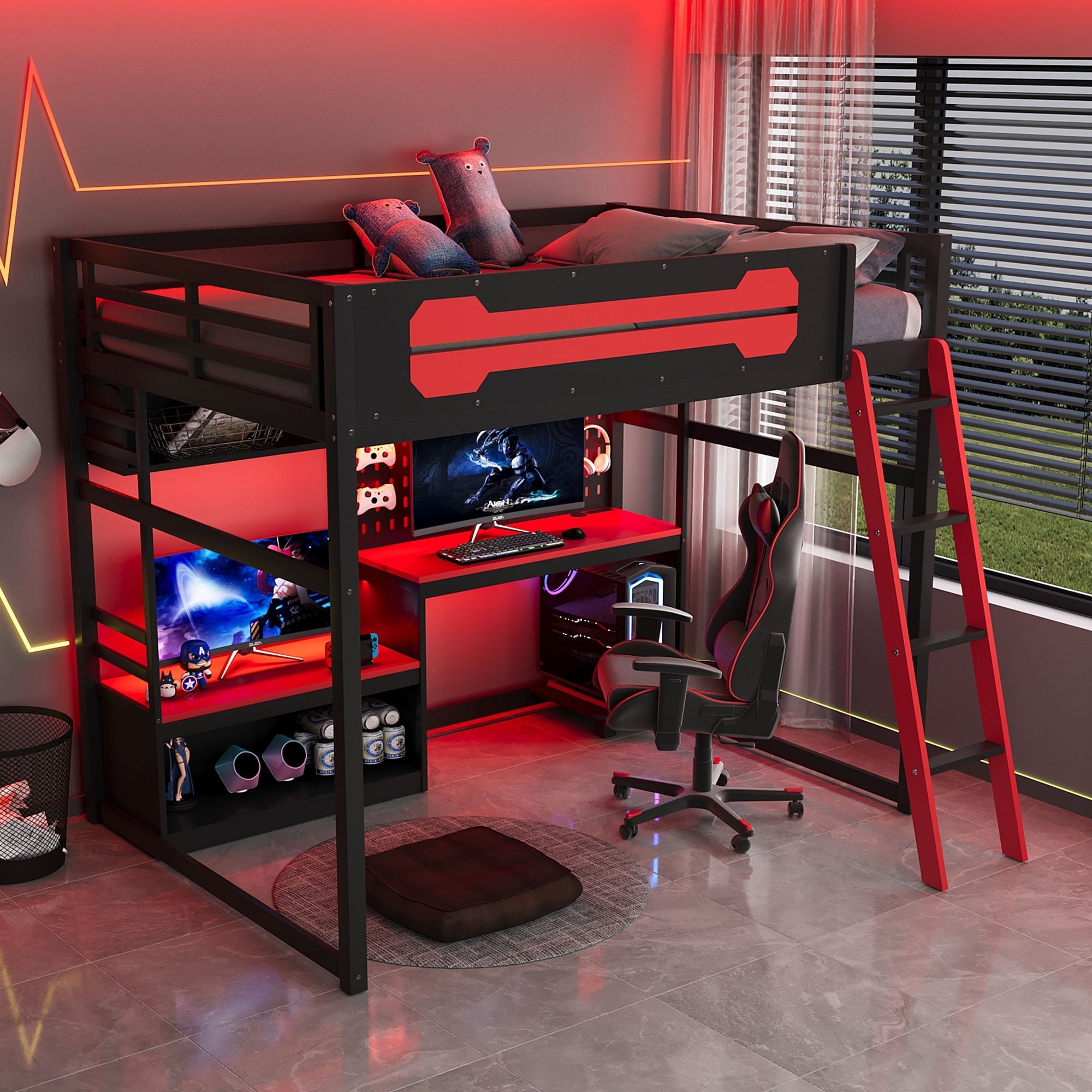Gaming Loft Bed Full Size Wood Loft Bed With Pegboard Pc Desk Computer Case Stand Charging Station Led Lights For Gamers