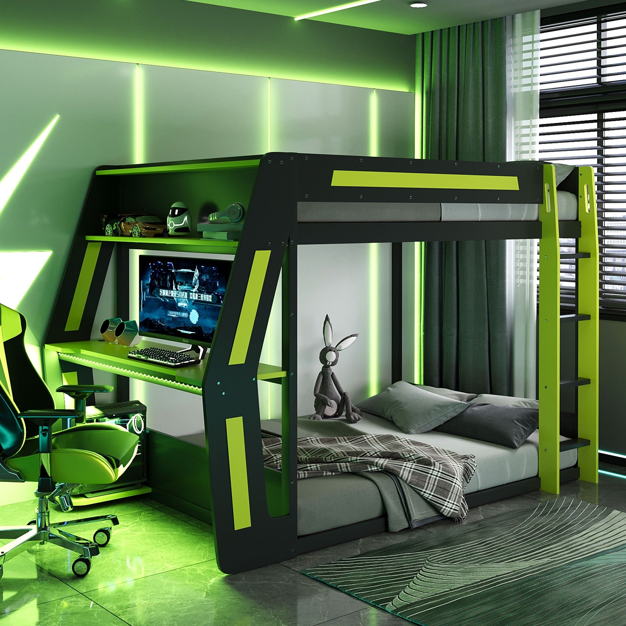 Gaming Loft Bed With Desk Led Usb Shelf Full Size