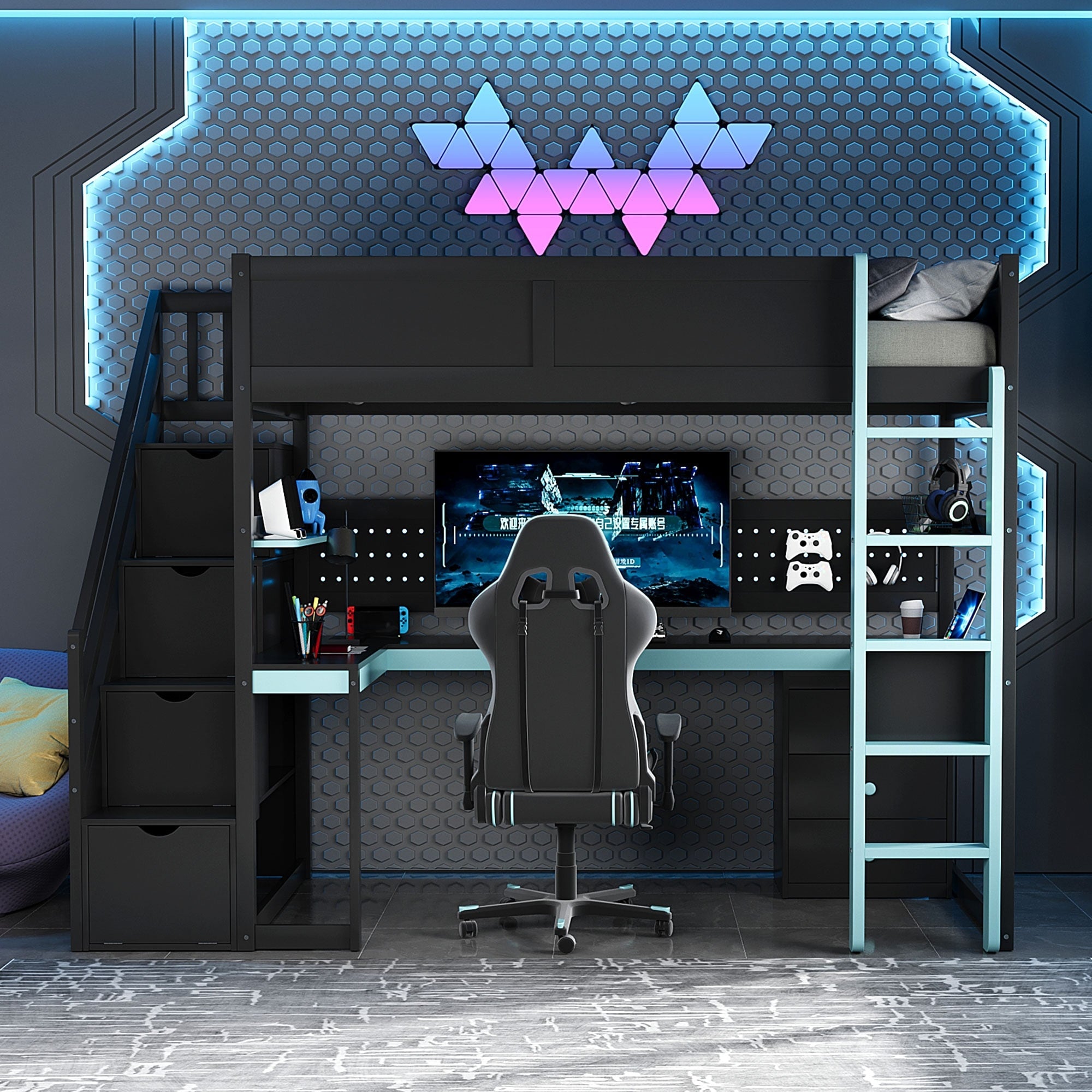 Gaming Loft Bed With Desk Full Twin Includes Storage Stairs Shelves Pegboard