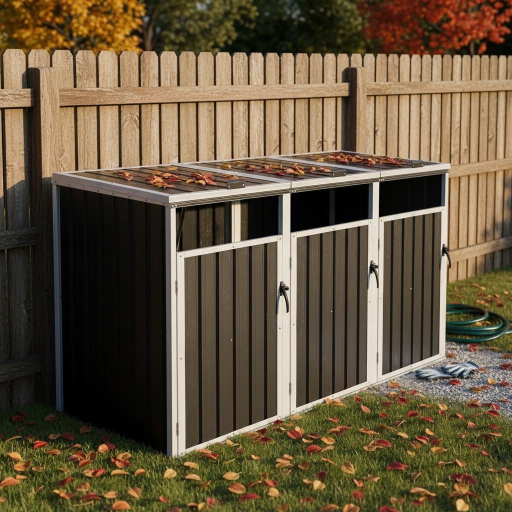 Garbage Bin Shed Stores 3 Trash Cans Metal Outdoor Bin Shed For Garbage Storage Dark Grey