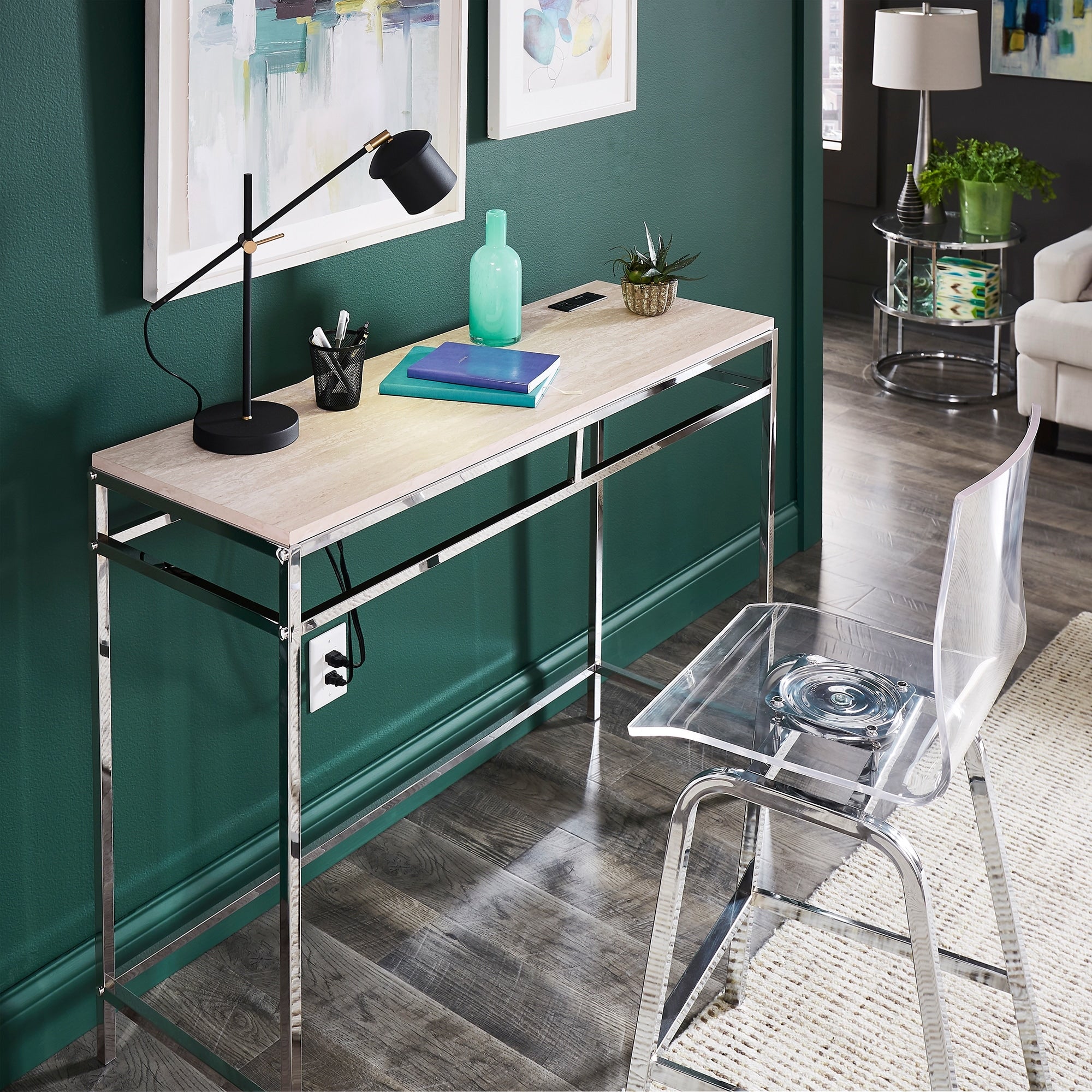 Garble Chrome Counter Height Desk With Faux Marble Top And Usb Charging Port By Inspire Q Modern