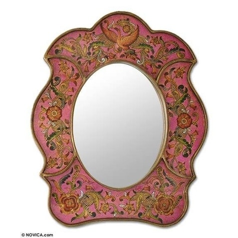 Garden Of Love Reverse Painted Glass On Plywood Mirror Peru Gold Tone Pink