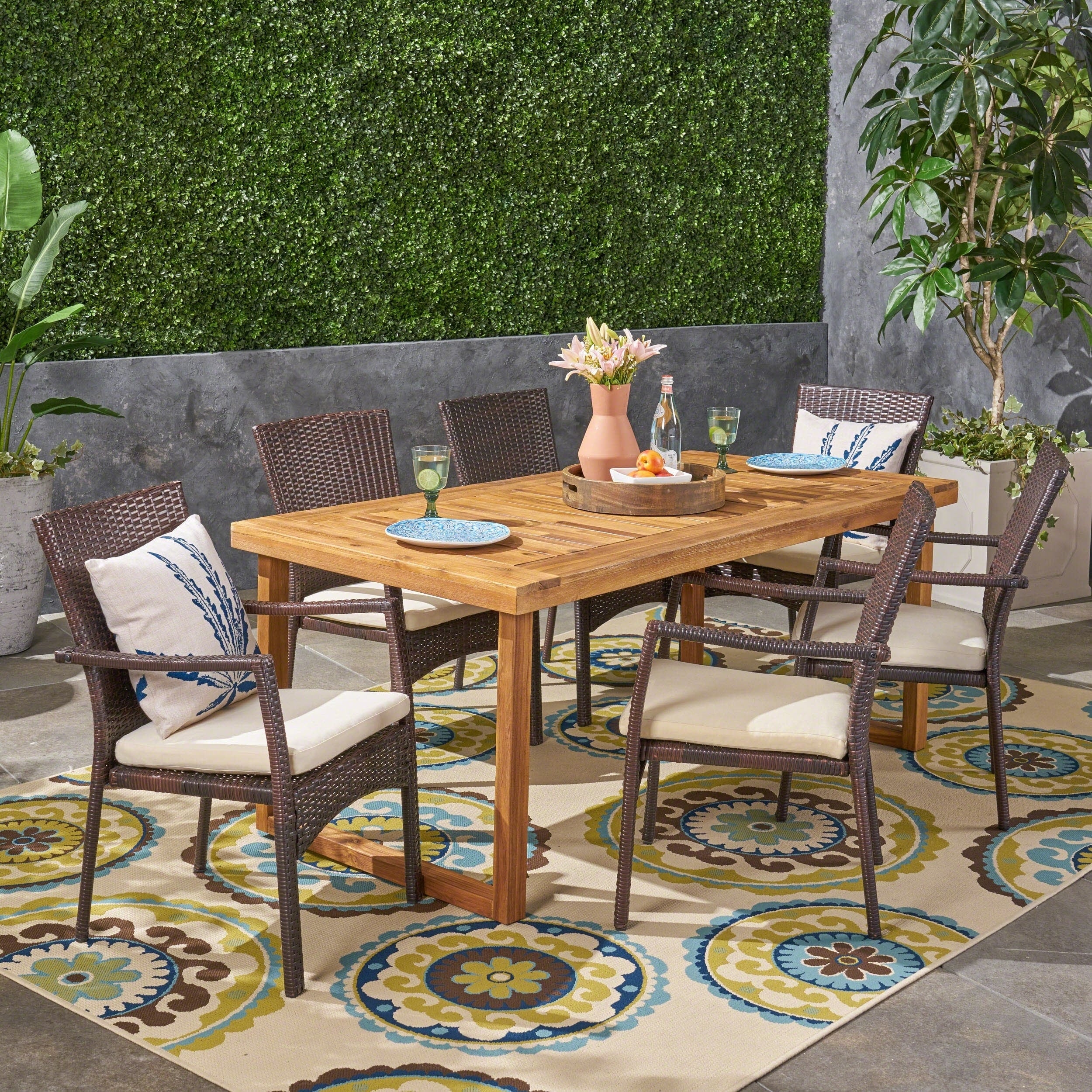 Garner Outdoor 6 Seater Acacia Wood Dining Set With Wicker Chairs By Christopher Knight Home