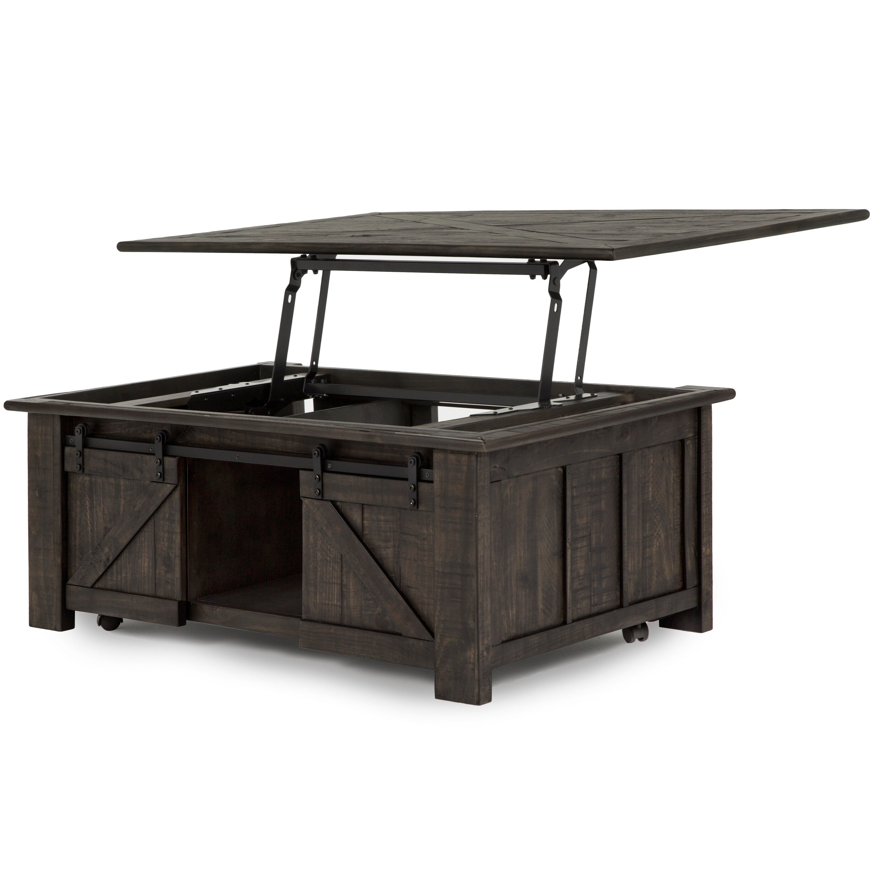 Garrett Rustic Weathered Charcoal Lift Top Sliding Door Coffee Table With Casters