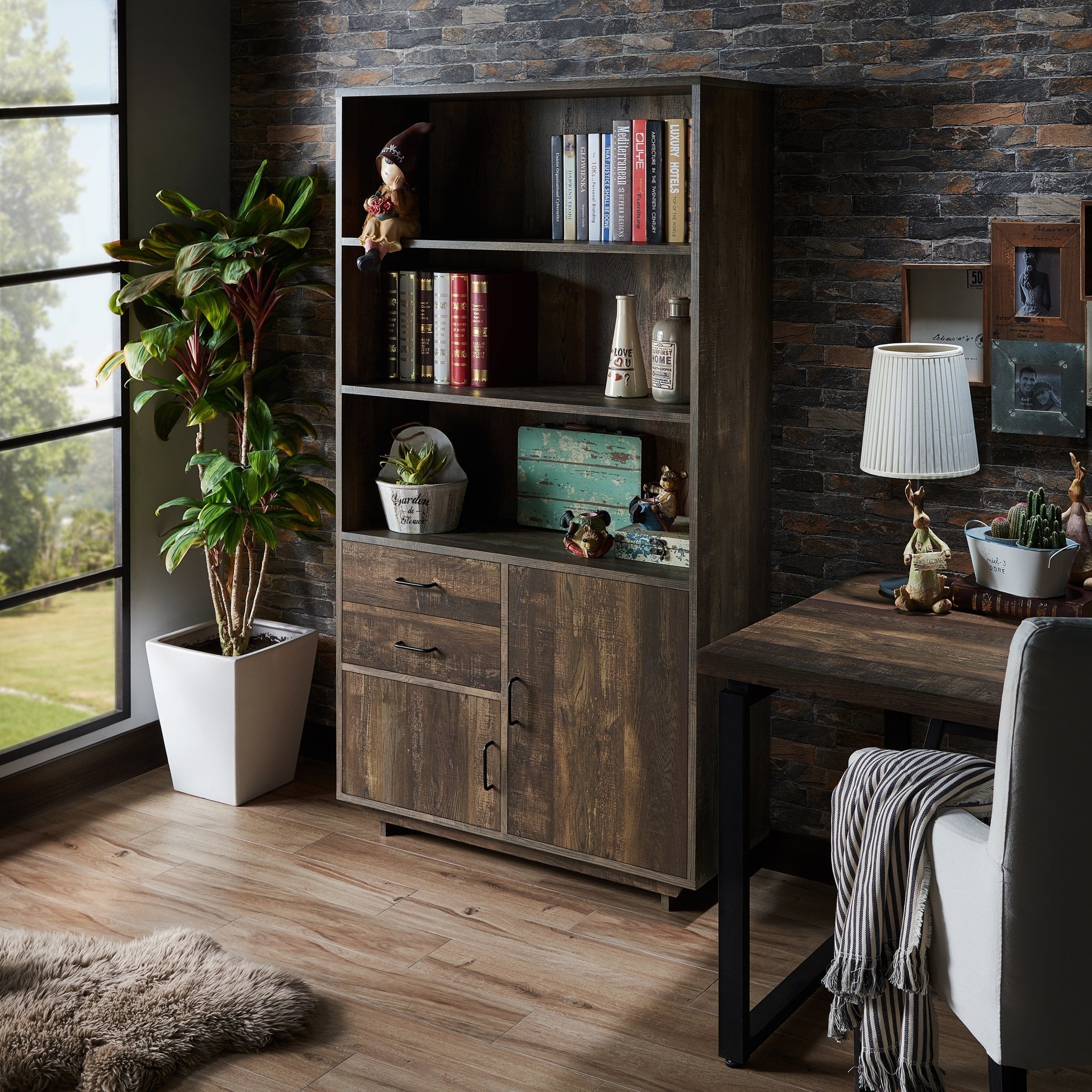 Furniture Of America Garuga Country Style Reclaimed Oak Multi Storage Bookshelf
