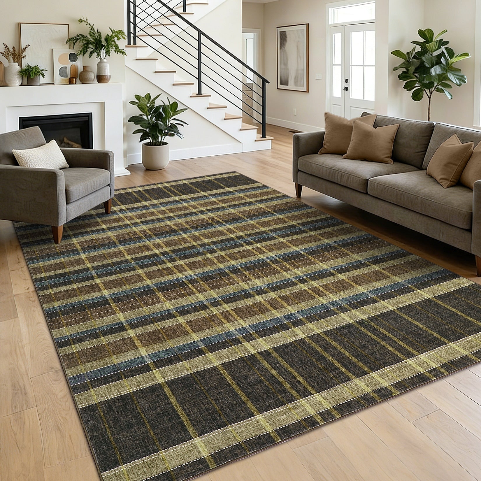 Garvee Classic Plaid Geometric Washable Living Room Rug