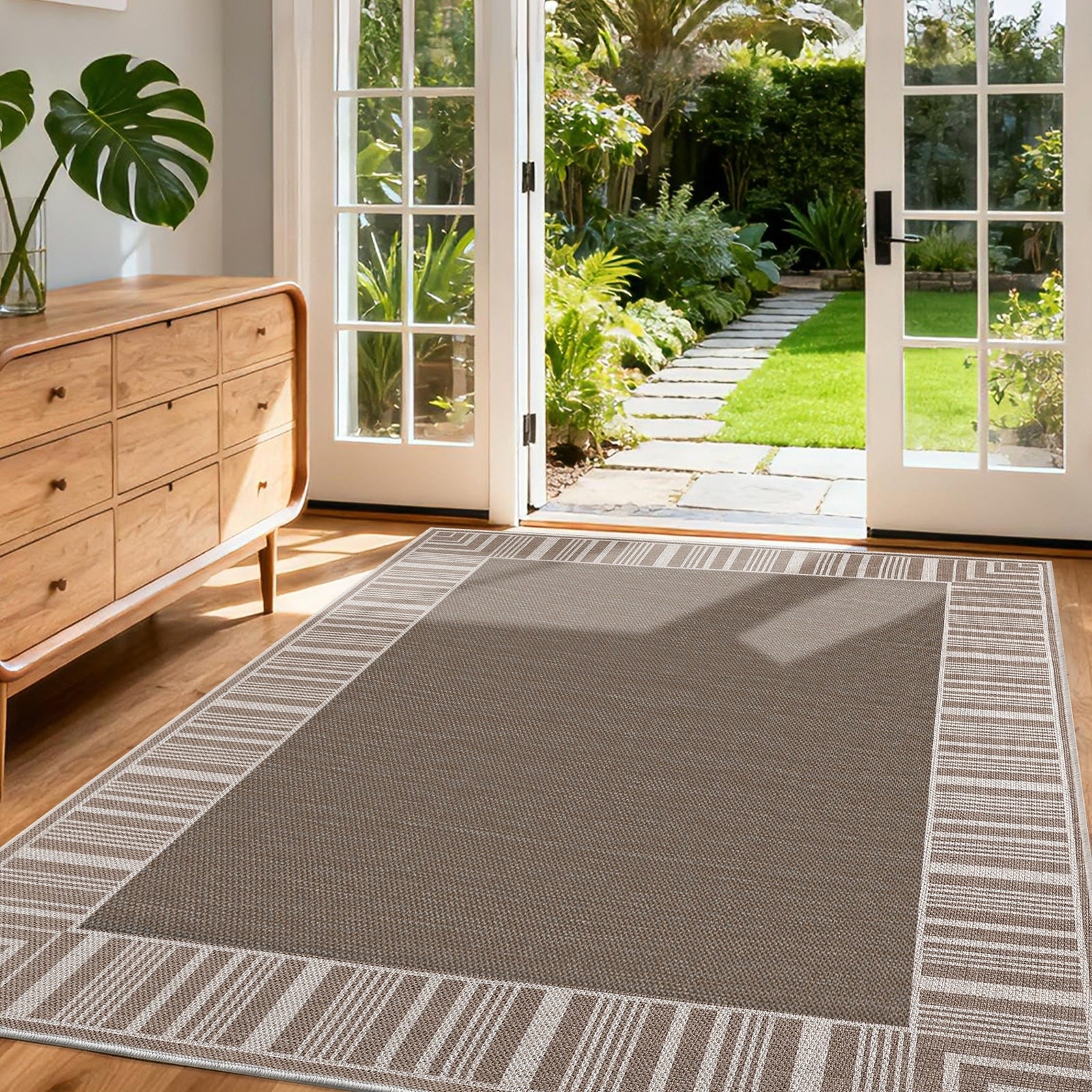 Garvee Easy Jute Area Rugs For Living Room Modern Bordered Geometric Non Slip Low Pile Rug For Patio