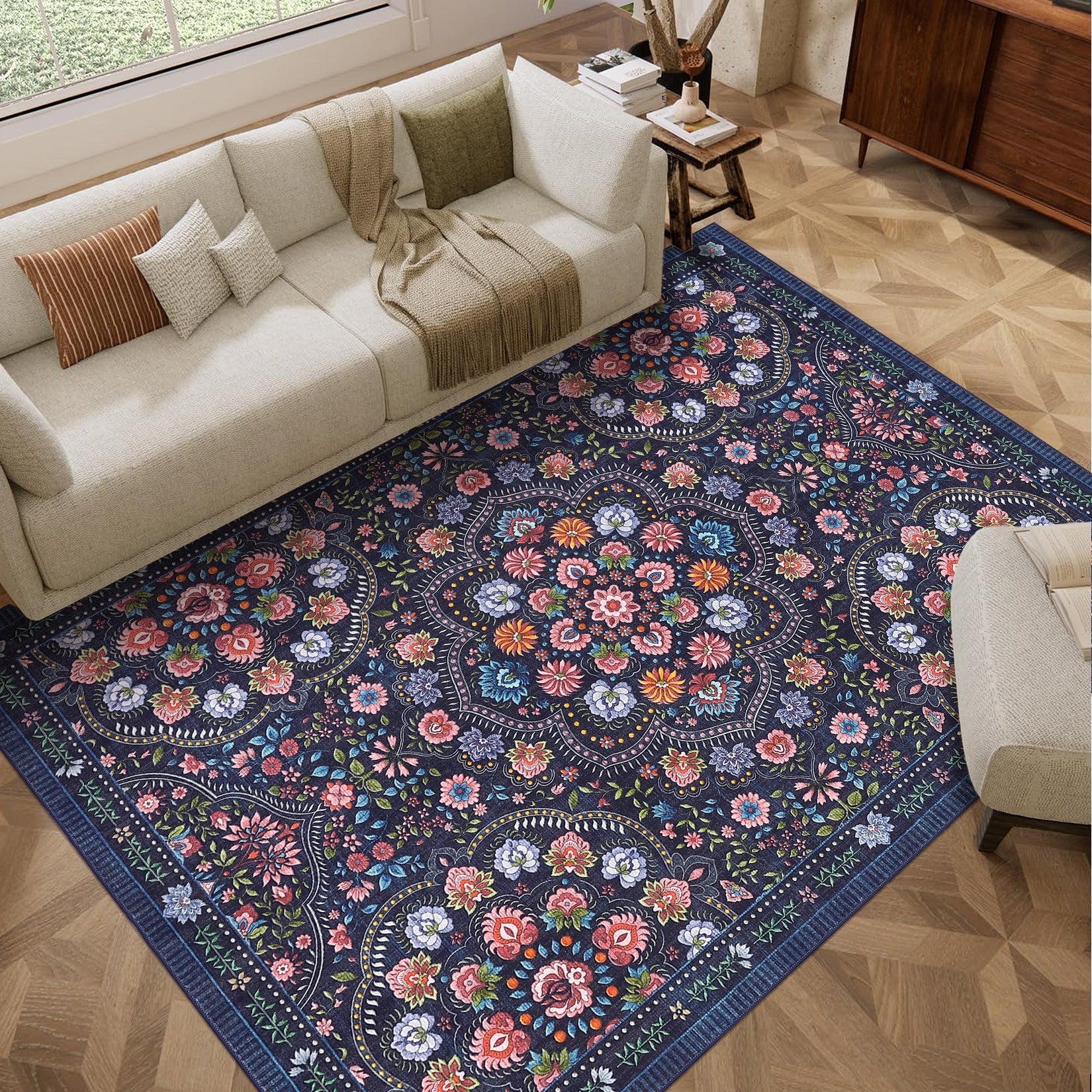 Garvee Floral Area Rug Washable Indoor Rugs For Living Room Bedroom Soft Foldable Stain Resistant Non Shedding Rug