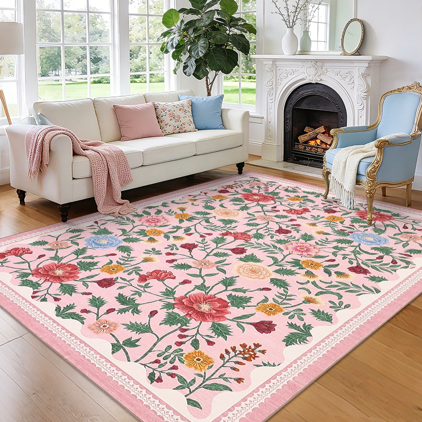 Garvee Floral Area Rugs For Living Room Bedroom Washable Non Slip Low Pile Rug Home Decor
