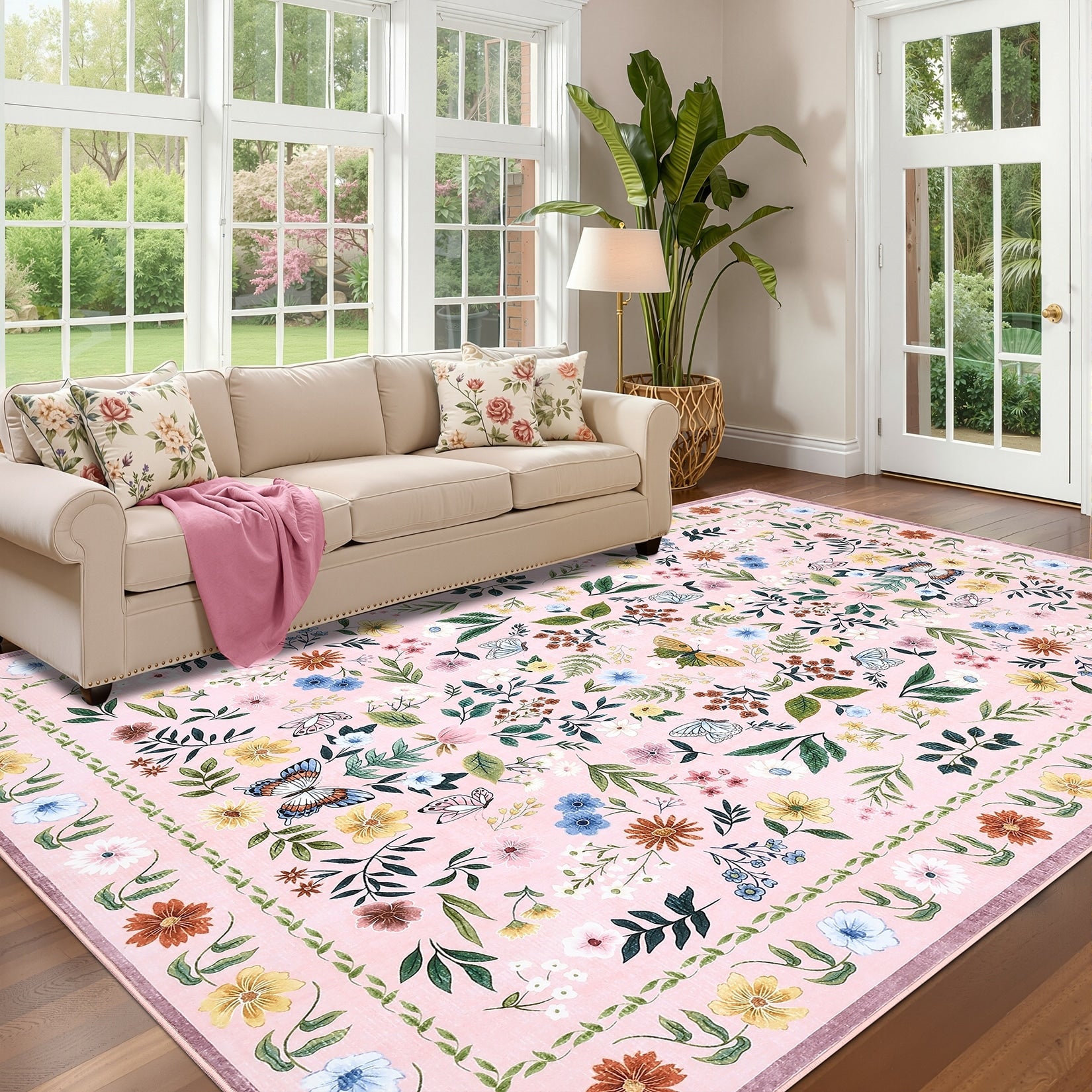 Garvee Floral Butterfly Area Rug Washable Low Pile Non Shedding Indoor Accent Rug