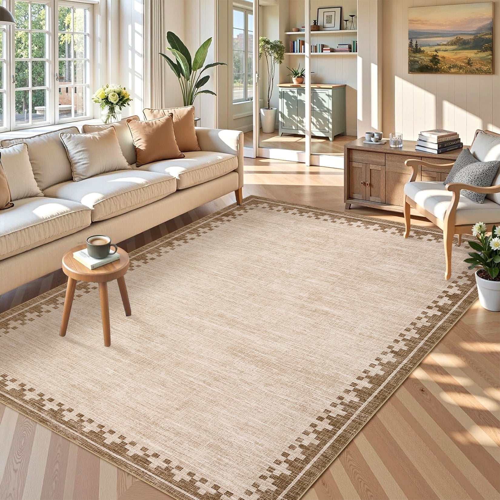 Garvee Modern Bordered Area Rug Washable Rugs For Living Room Bedroom Soft Foldable Non Slip Low Pile Rug