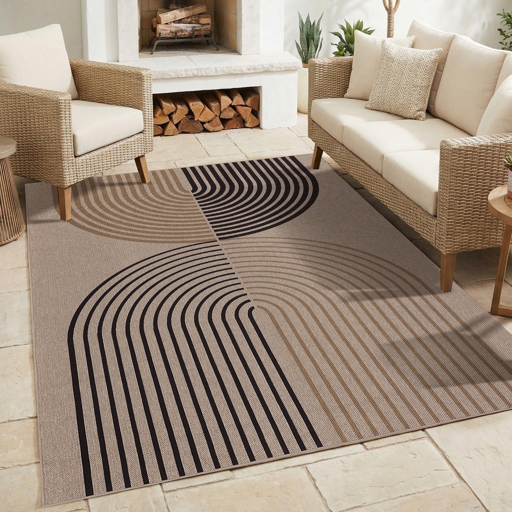 Garvee Modern Geometric Stripes Easy Jute Area Rug Indoor Outdoor Rugs Non Slip Stain Resistant Mat