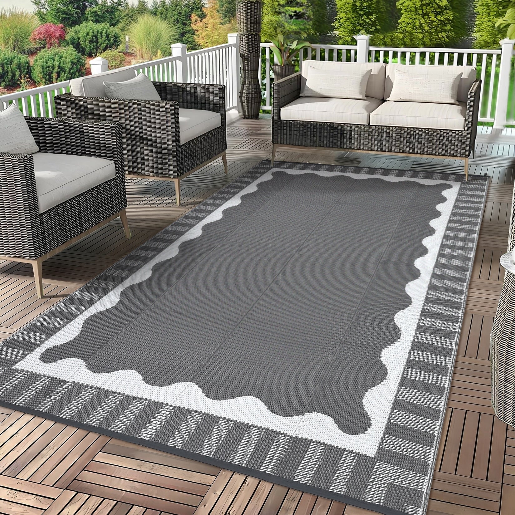 Garvee Outdoor Rug Modern Border Rug Waterproof Reversible Plastic Straw Rugs For Patio Balcony Porch Camping