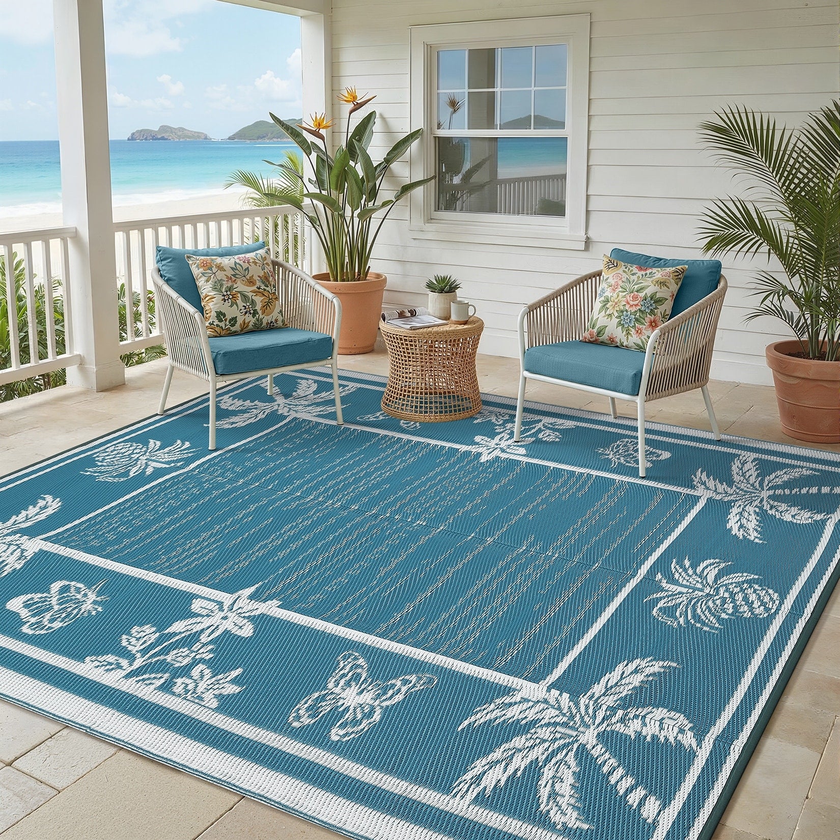 Garvee Tropical Leaf Outdoor Patio Rug Waterproof Reversible Plastic Straw Rug Mat For Camping Balcony Rv Deck Picnic