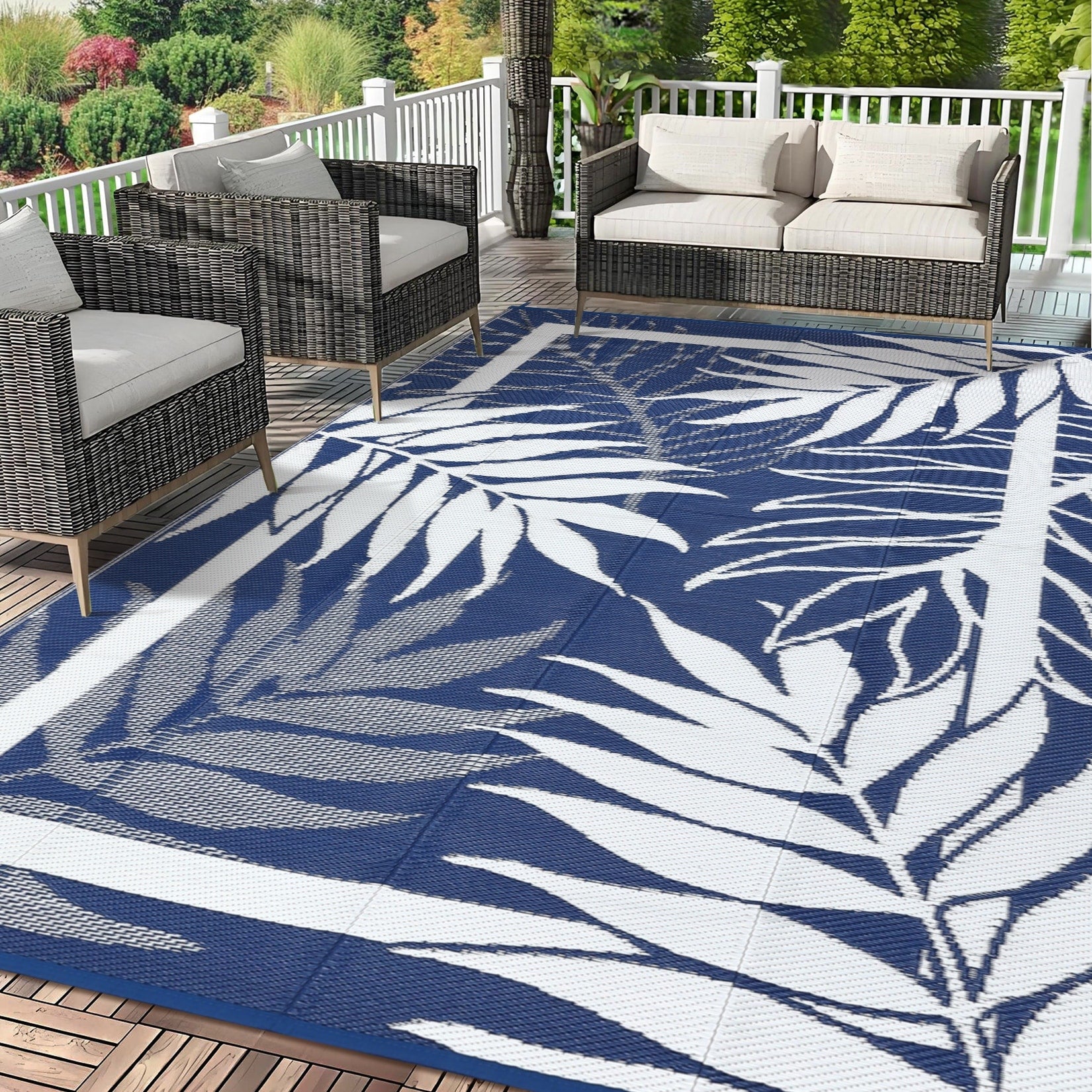 Garvee Waterproof Outdoor Rug Reversible Plastic Straw Patio Rug Modern Botanical Leaf Rug For Balcony Porch Camping Rv