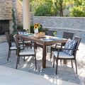 Geelong Outdoor 7 Piece Rectangle Aluminum Wicker Wood Dining Set With Cushions By Christopher Knight Home