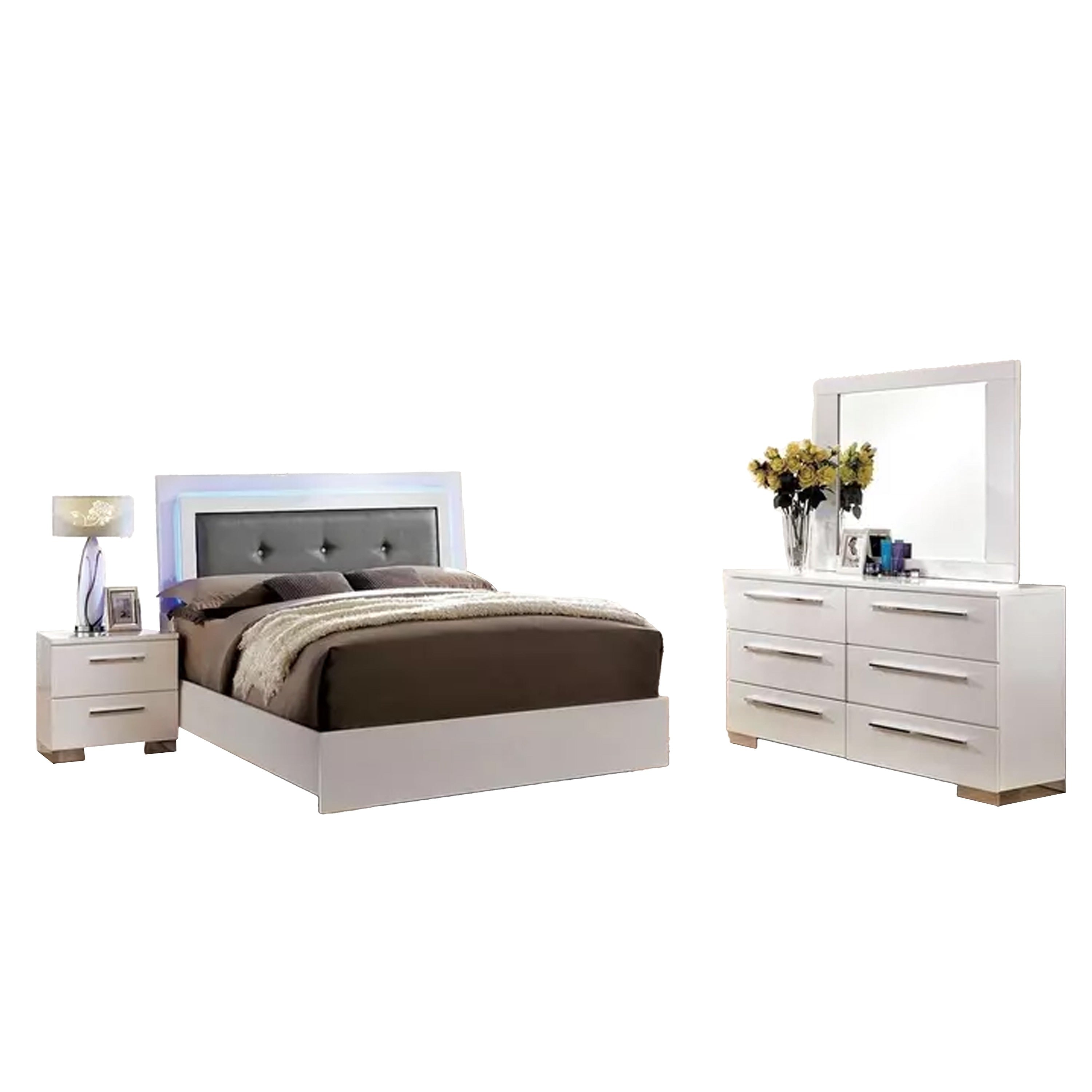 Gely 4Pc Queen Bedroom Set Button Tufted Upholstery Led Glossy White
