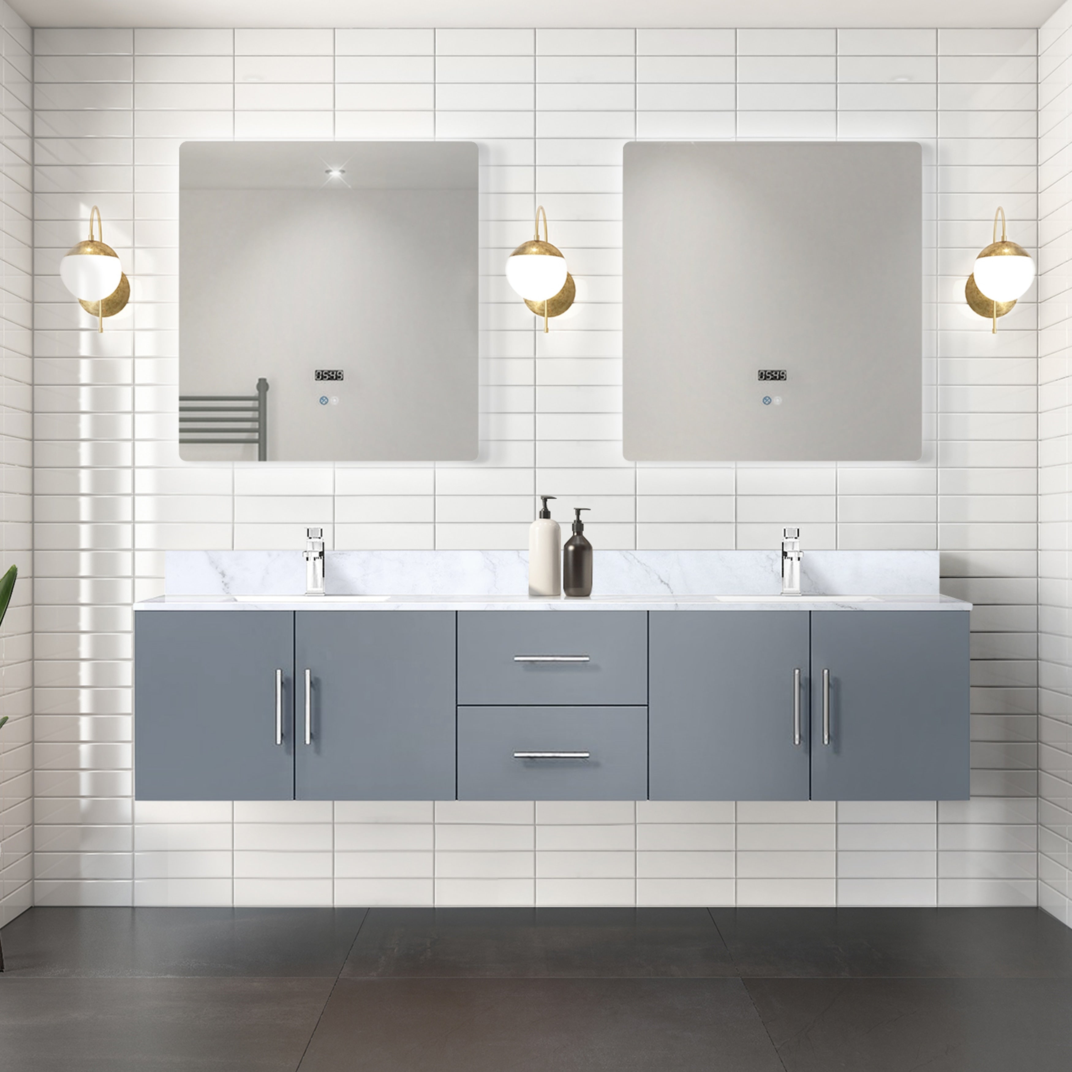 Geneva 80 Double Vanity Marble Top Square Sink 30 Led Mirrors