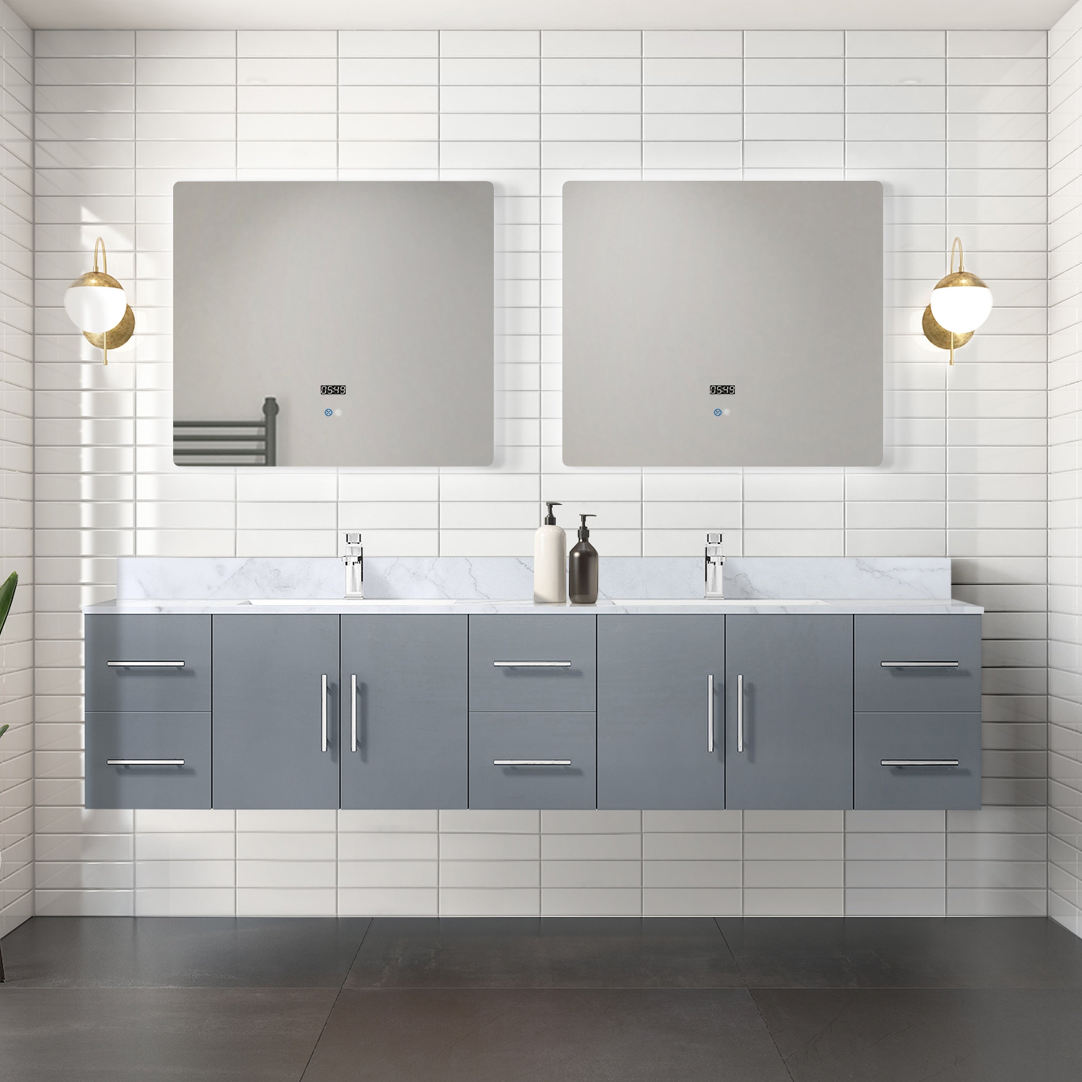 Geneva 84 Double Vanity Marble Top Square Sink 36 Led Mirrors