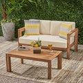Genser Outdoor 2 Seater Wooden Loveseat And Coffee Table Chat Set With Cushions By Christopher Knight Home