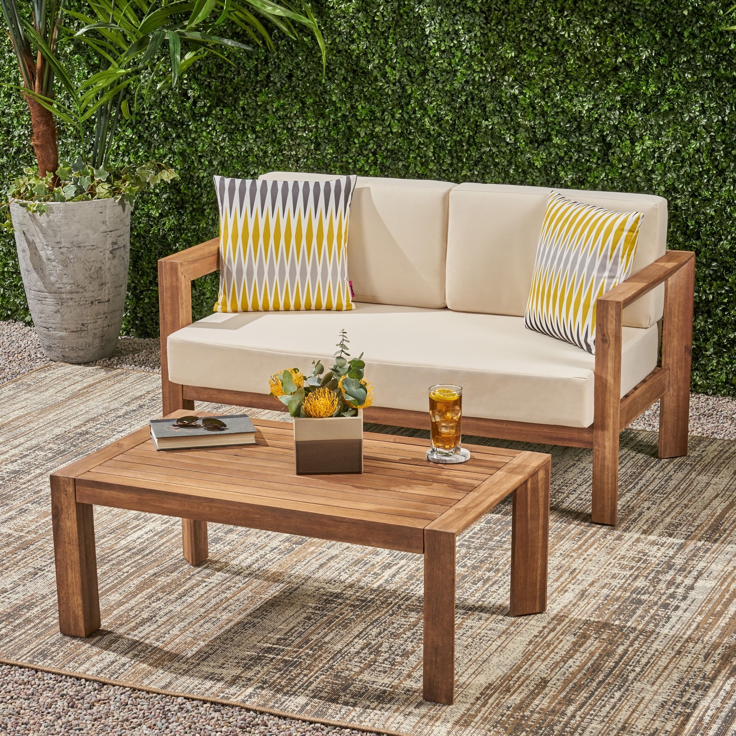 Genser Outdoor 2 Seater Wooden Loveseat And Coffee Table Chat Set With Cushions By Christopher Knight Home