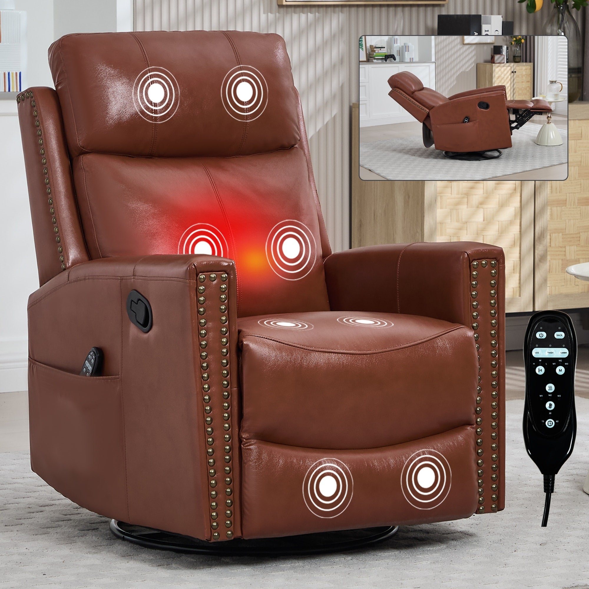 Genuine Leather Heat Massage Manual Recliner Chair With Rocker And Swivel