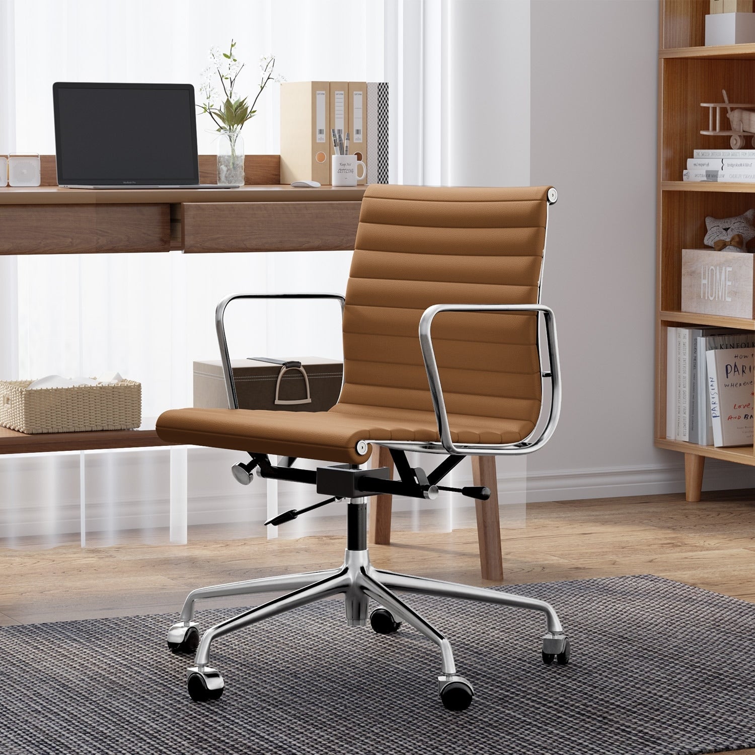 Genuine Leather Office Chair With Chrome Frame Adjustable Swivel Chair