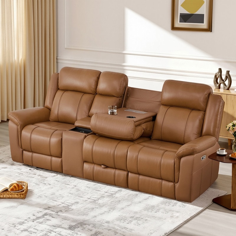 Genuine Leather Power Reclining Sofa With Multi Function Console