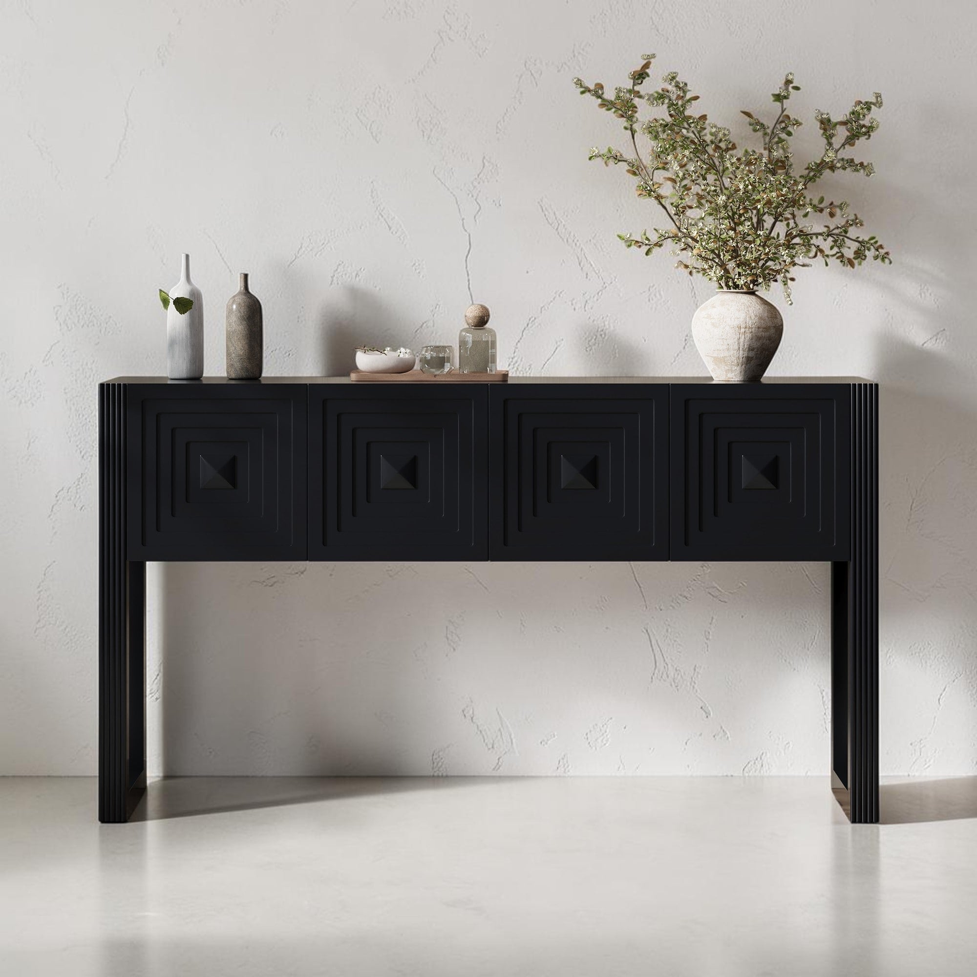 Geometric Carved Console Table With 3 Drawers Fluted Leg Entryway Sofa Accent Table