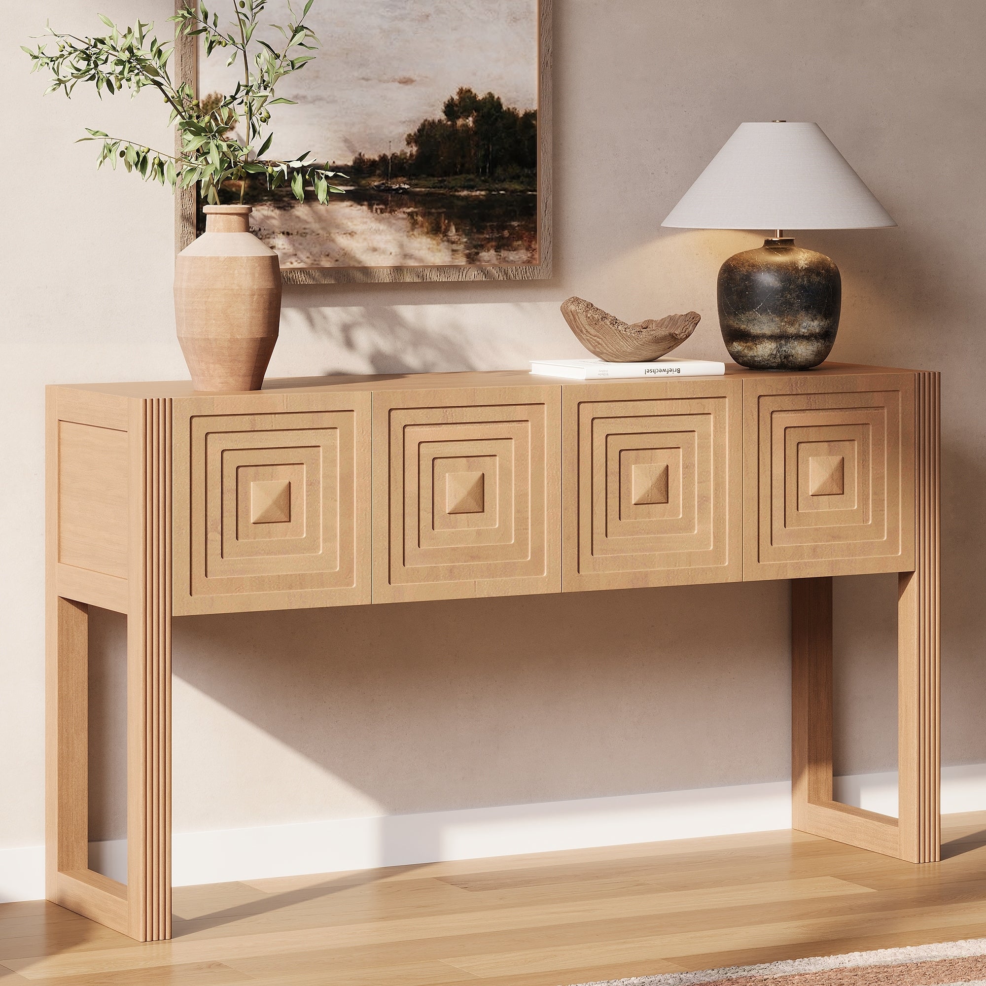 Geometric Carved Console Table With 3 Soft Close Drawers Fluted Leg Details Entryway Sofa Table For Living Room Hallway