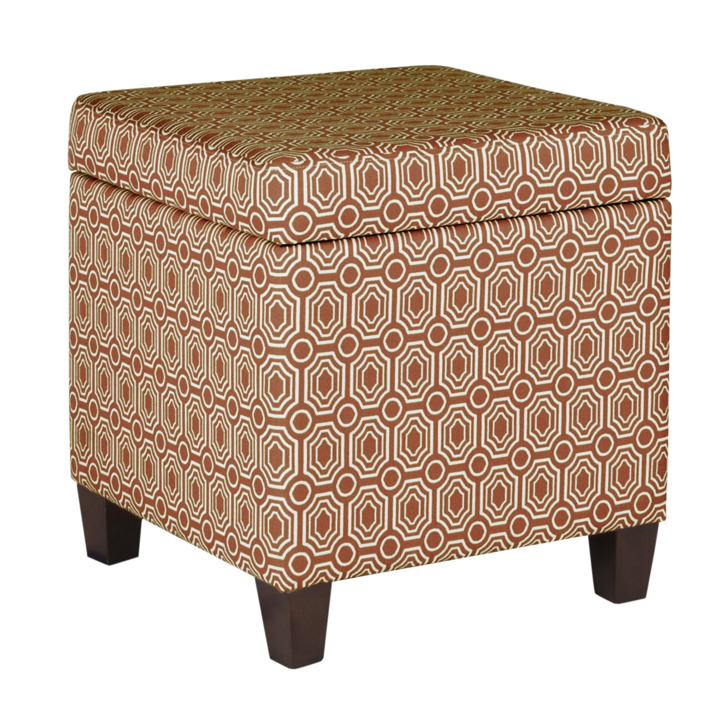 Geometric Patterned Square Wooden Ottoman With Lift Off Lid Storage Orange And Cream