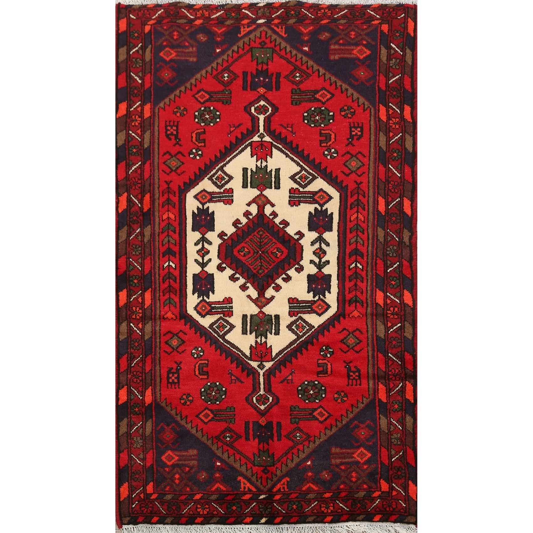 Geometric Tribal Hamedan Persian Area Rug Wool Hand Knotted Carpet. 33 X 50