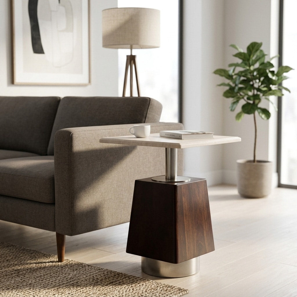 Geometric Wood And Marble Side Table 21 Brown Ivory 20.75