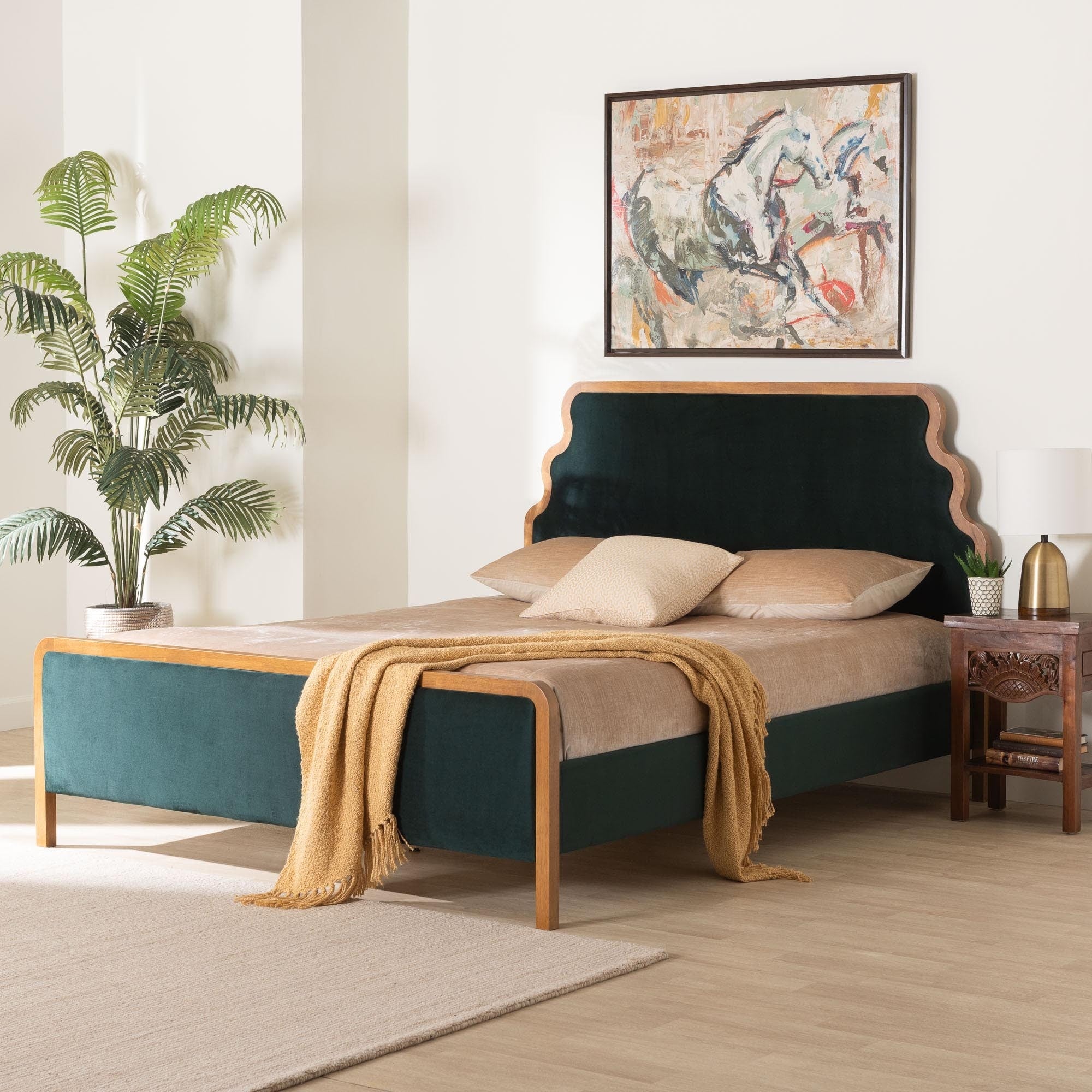 Gerianne Velvet Upholstered Platform Bed Classic European Bed Frame With Scalloped Headboard And Wood Trim