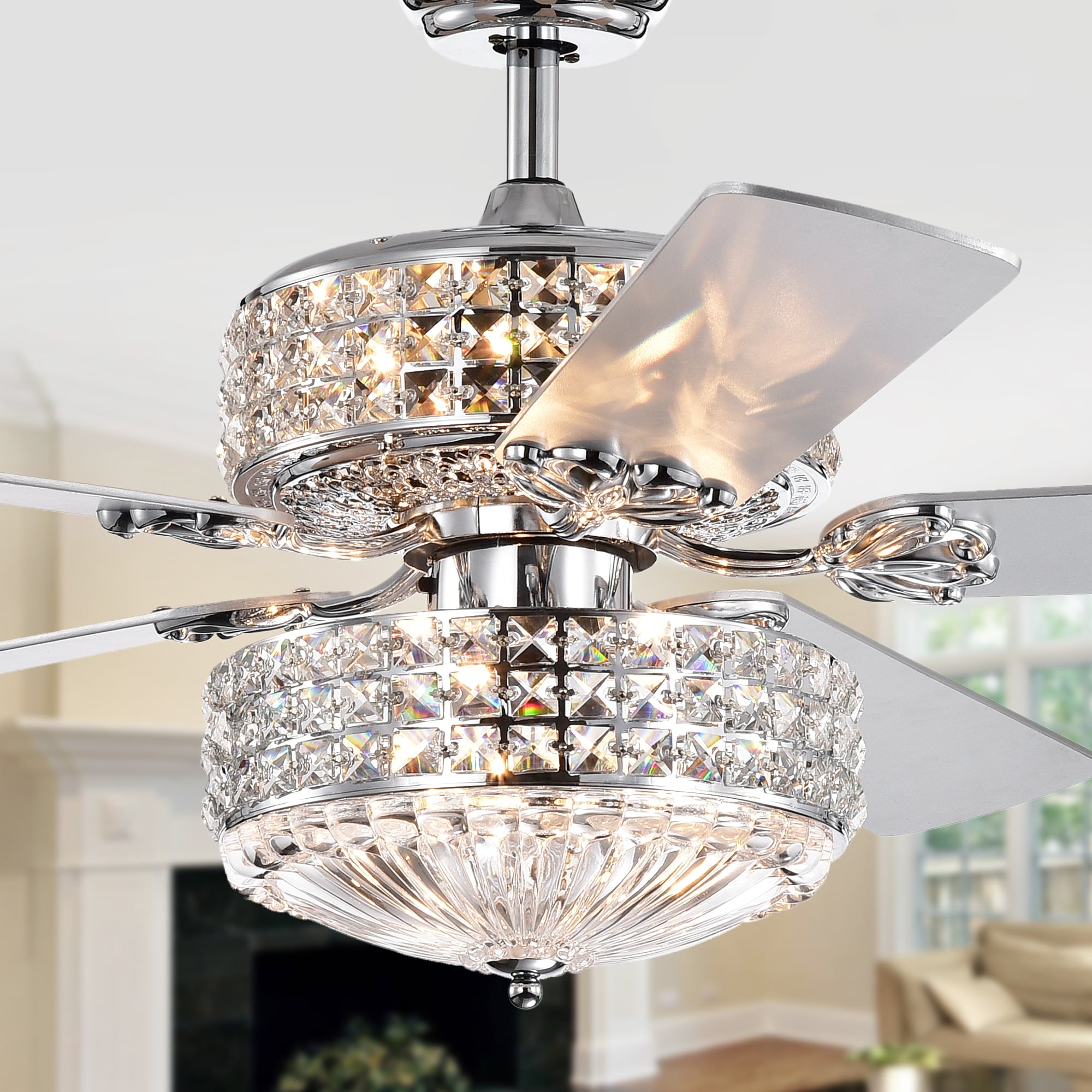 Germane Chrome Dual Lamp 52 Inch Lighted Ceiling Fan W Crystal Shades Includes Remote And Light Kit