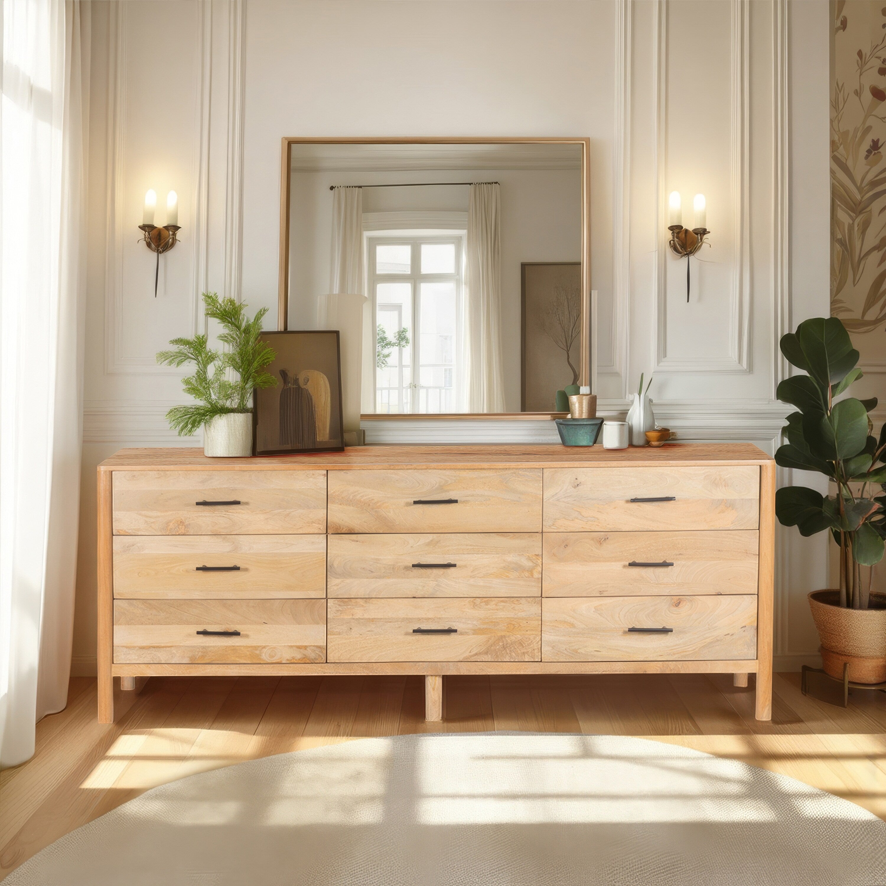 Geti Dresser 9 Drawers 84 Inch Wide Handcrafted Natural Oak White Mango Wood