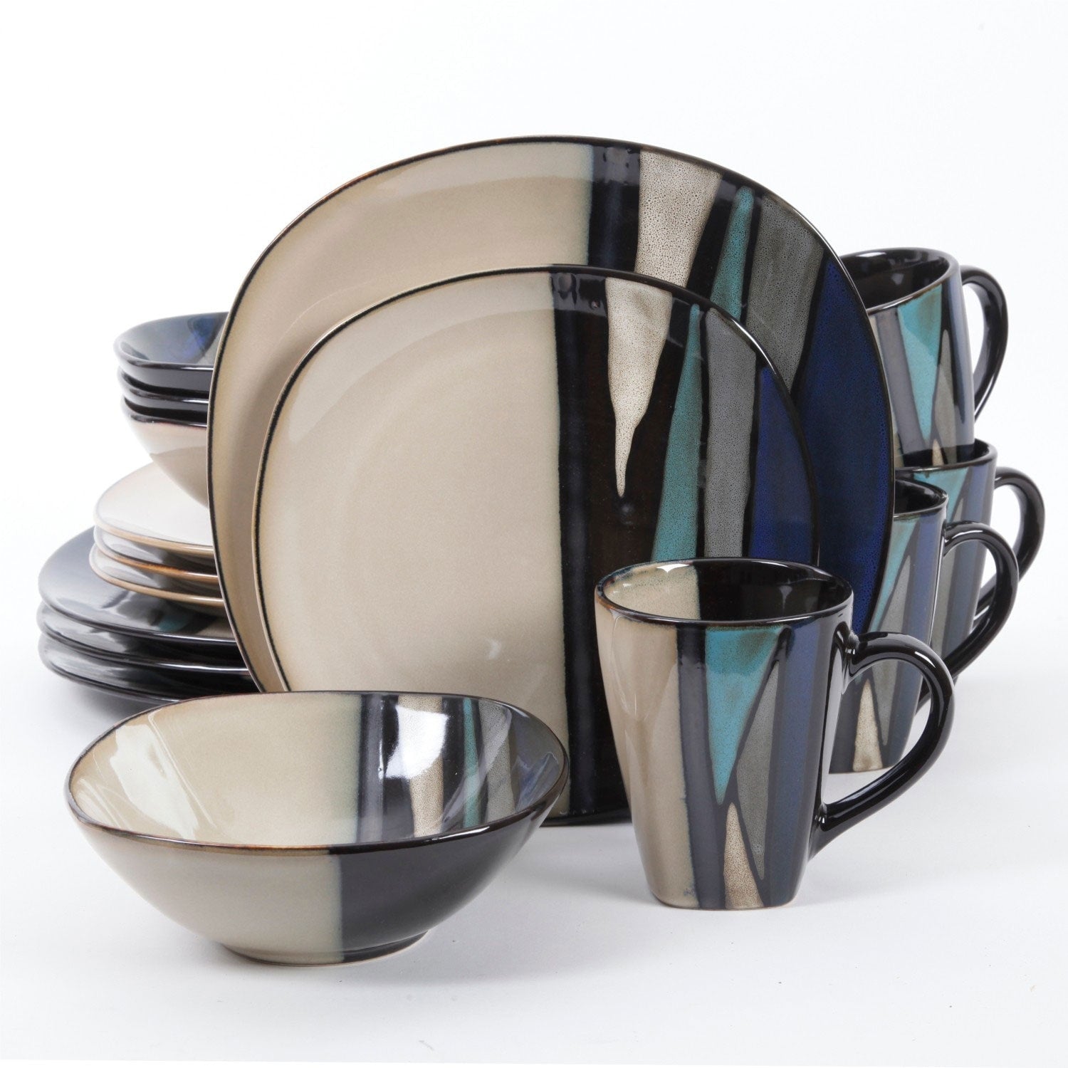 Althea Teal Stripe Stoneware 16 Piece Dinnerware Set Service For 4