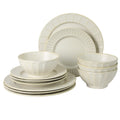 Gibson Elite Winchester Way 12 Piece Embossed Stoneware Dinnerware Set Reactive Durable Lightweight Plates Bowls Set