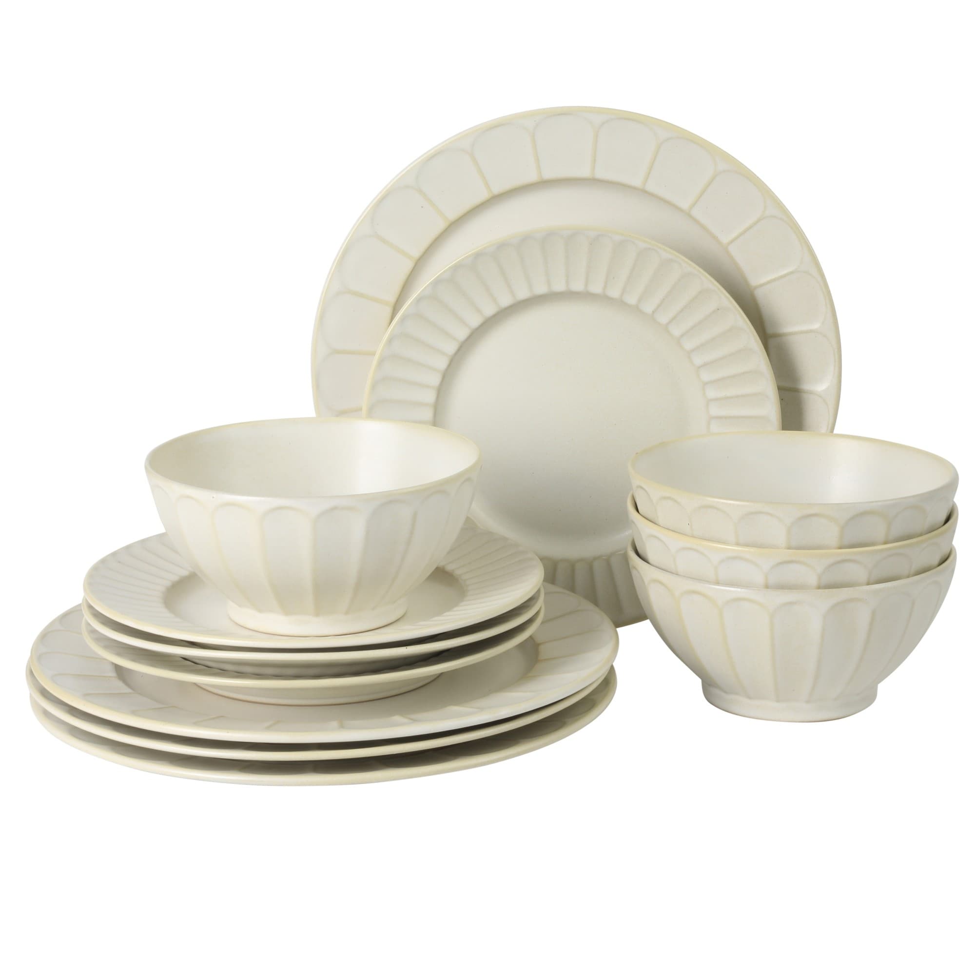 Gibson Elite Winchester Way 12 Piece Embossed Stoneware Dinnerware Set Reactive Durable Lightweight Plates Bowls Set