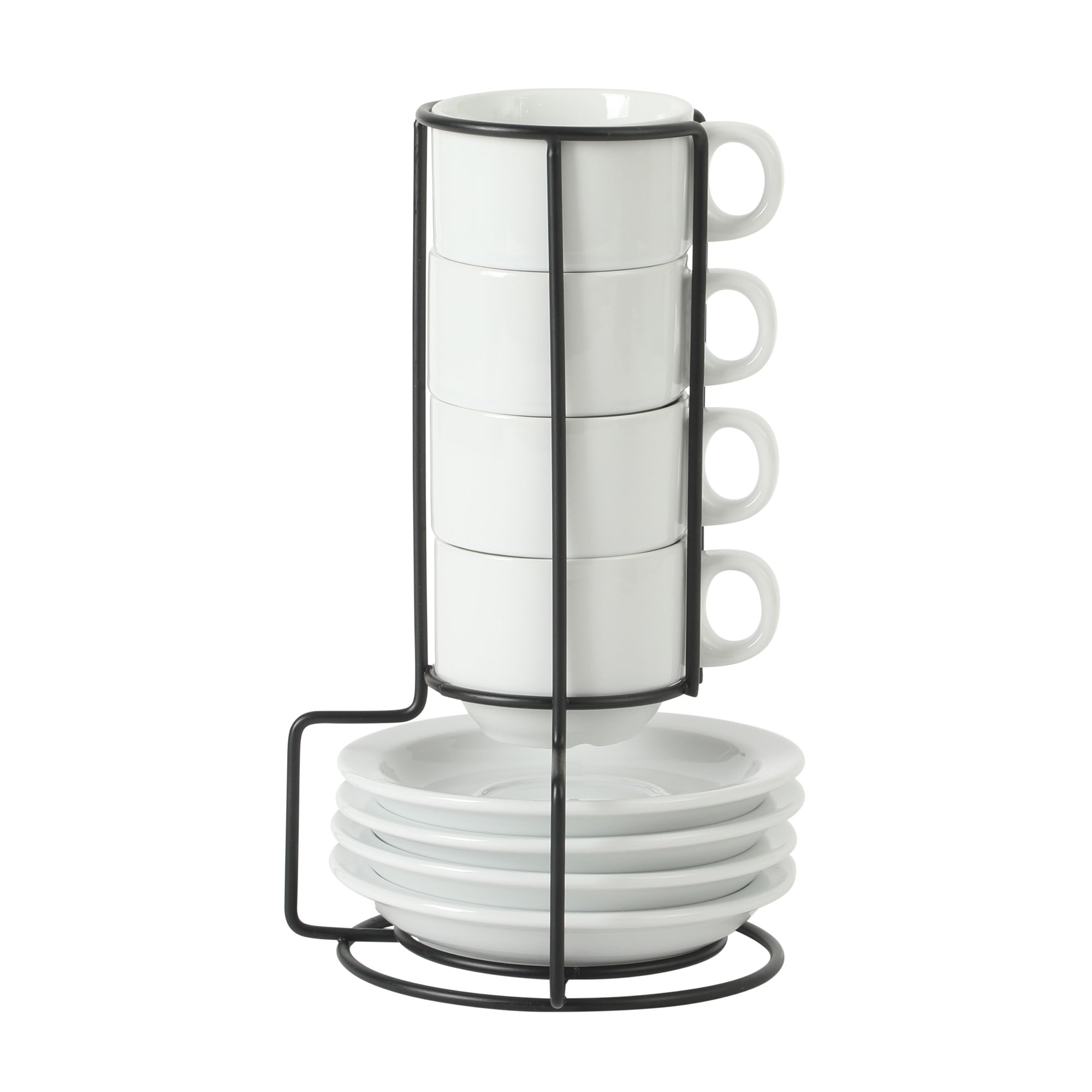 Gibson Home Gracious Dining Cups And Saucers Set Of 4 Stackable Coffee Set With Metal Stand For Espresso And Cuppuccino