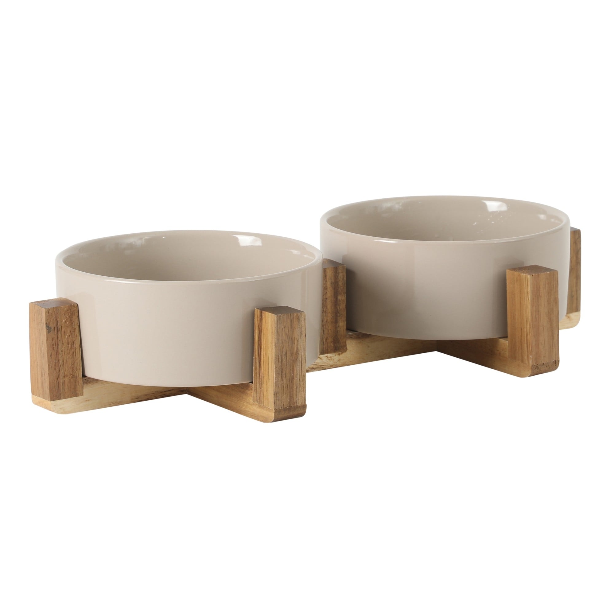 Gibson Home Zoomie Bites Ceramic Dog And Cat 5.5In Bowl With Acacia Wood Stand Non Slip Matte Glaze Weighted Food Water Set
