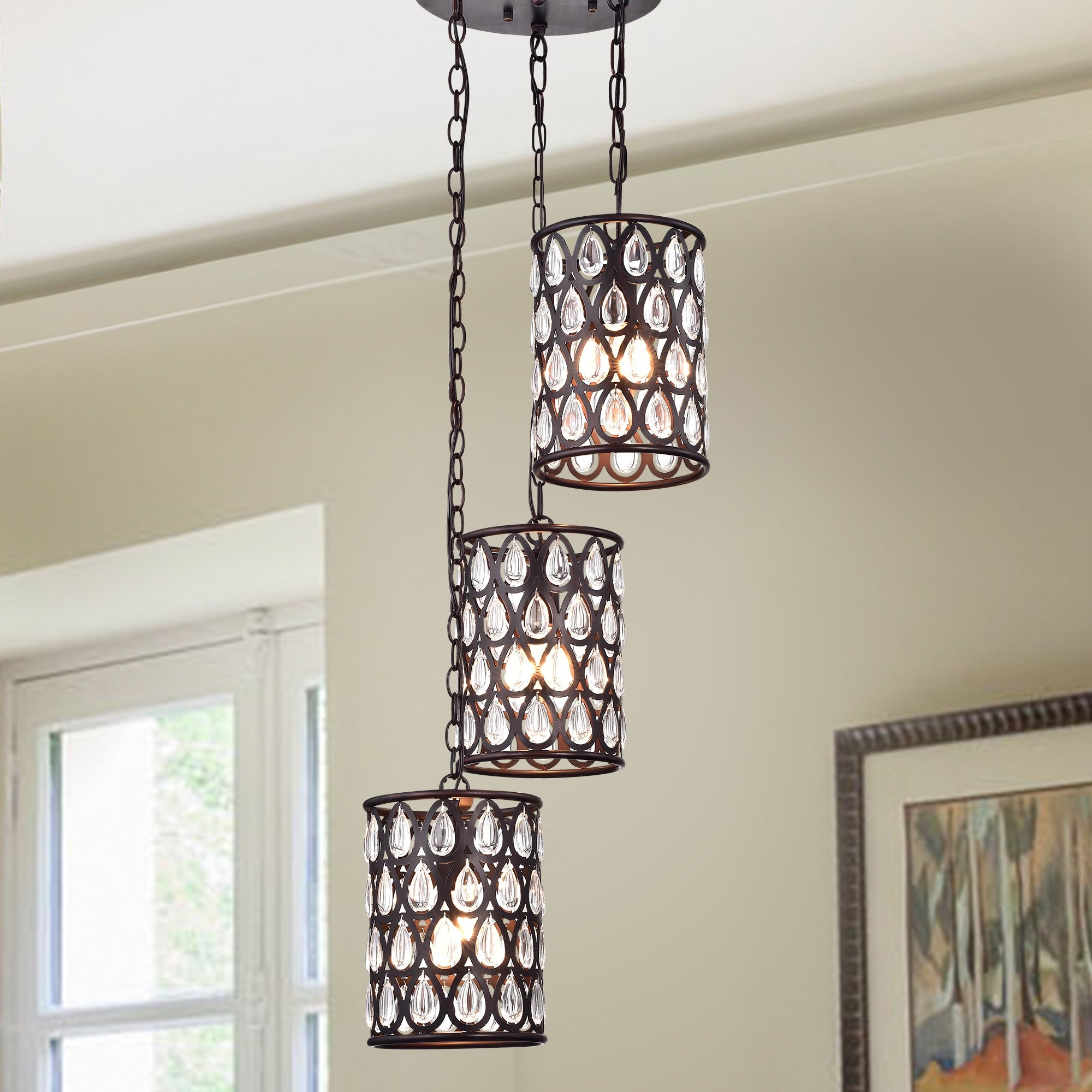 Ginsmore 3 Lamp 3 Shade Crystal Antique Bronze Pendant