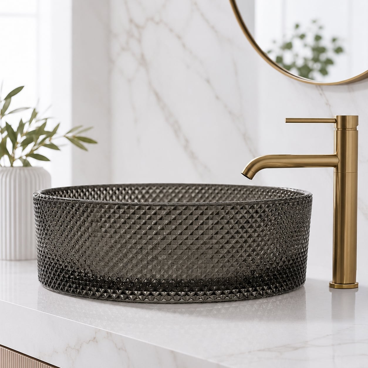Glacier Circular Glass Vessel Bathroom Sink Bowl 14 Round